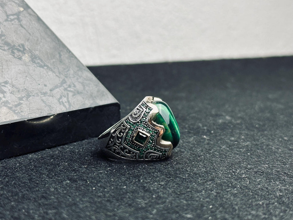 Malachite Sterling Silver Ring, Oval Green Stone (Men's Statement)