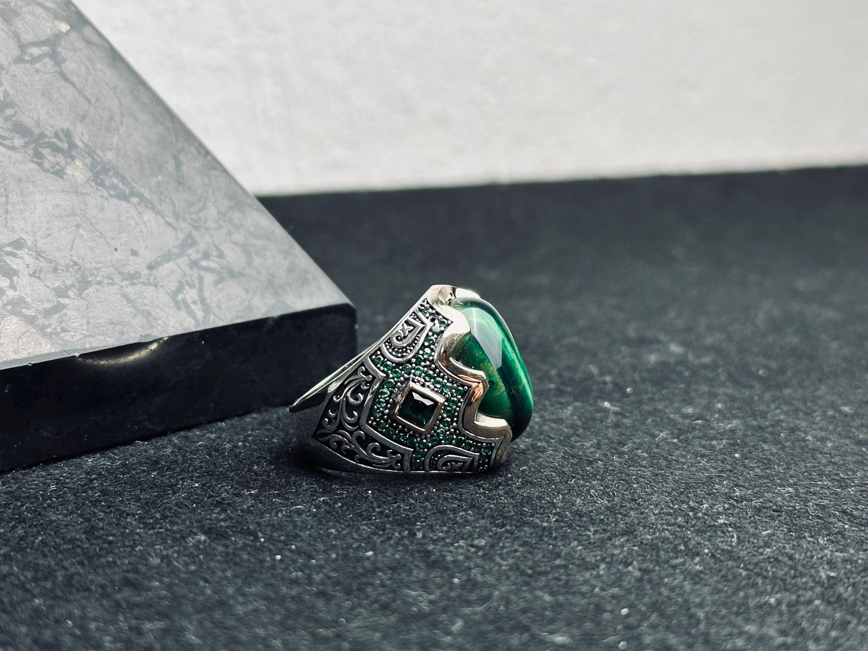 Malachite Sterling Silver Ring, Oval Green Stone (Men's Statement)