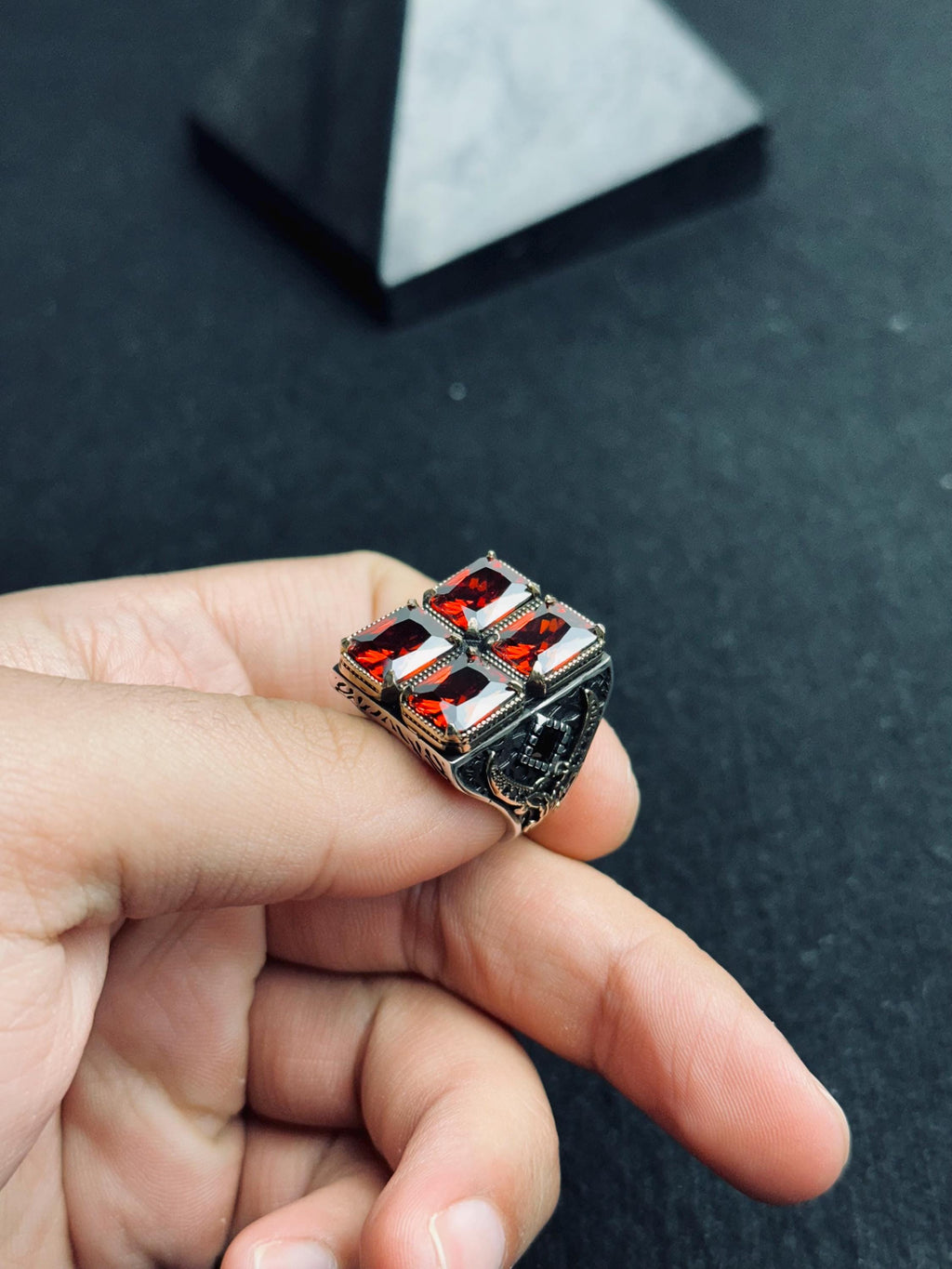 Men’s Ruby Silver Ring - Bold Four Stone Square Handmade Style