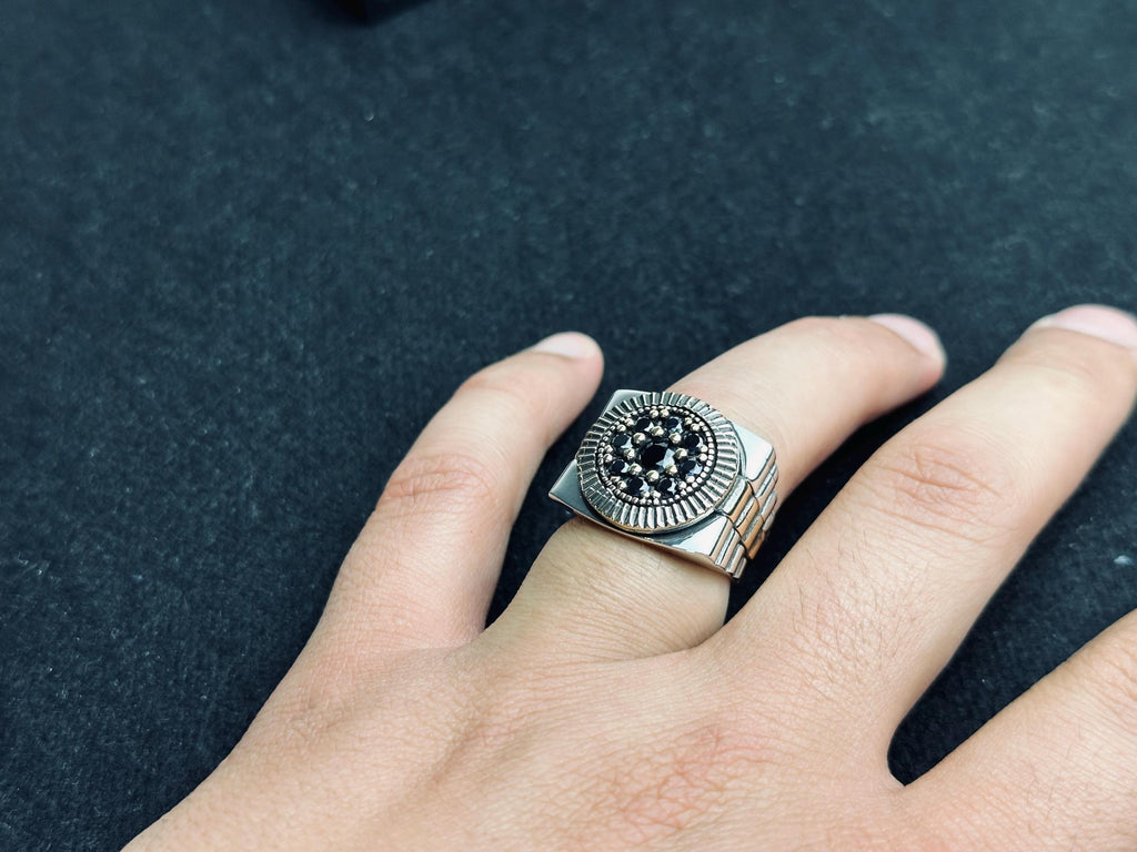 Geometric Men's Silver Ring - Stone Cluster Statement Design