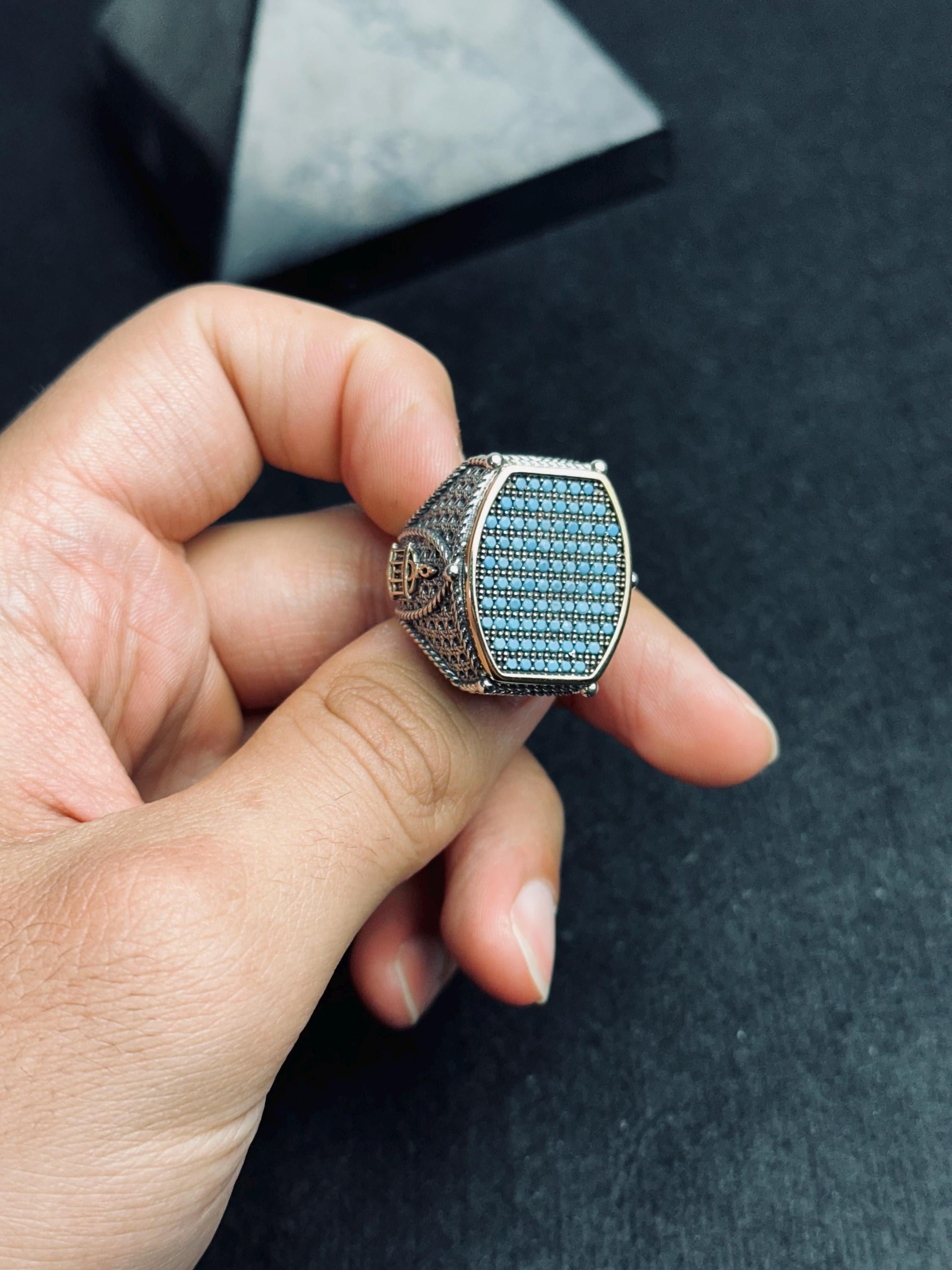 Turquoise Men's Ring - Sterling Silver with Zircon and Mosque Detail