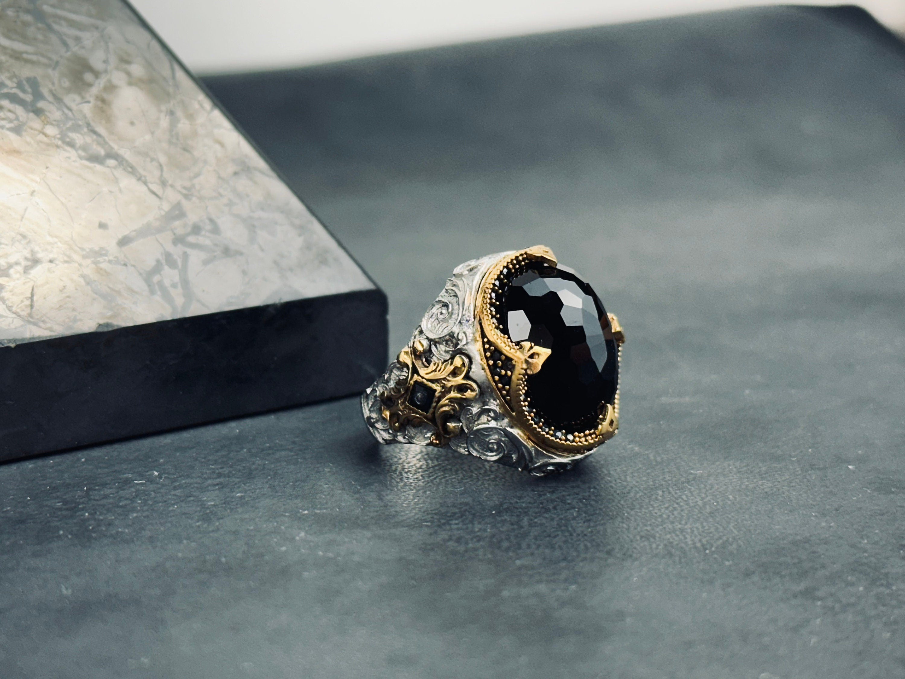 Oval Zircon Ring: Rhodium Sterling Silver Engraved Band