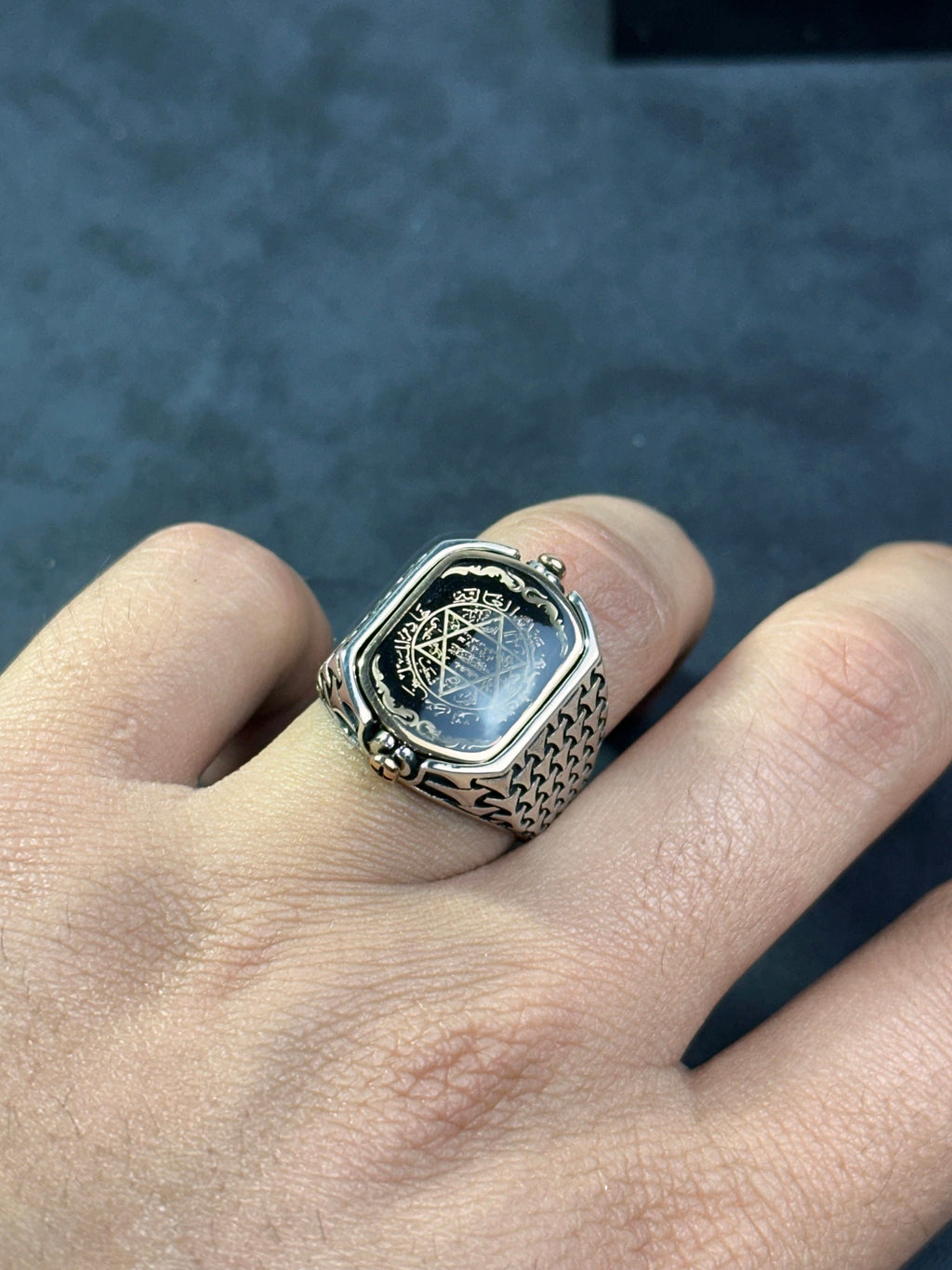 Aqeeq Ring: Green Agate Stone, Double Side Design (Sterling Silver)