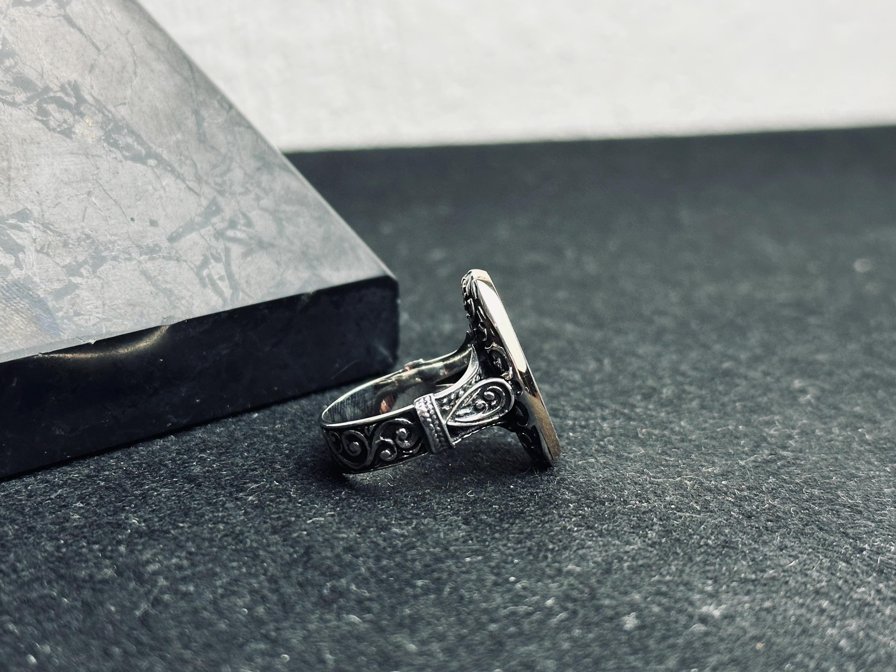 Moon and Star Men's Ring - Bold Oval Sterling Silver Band