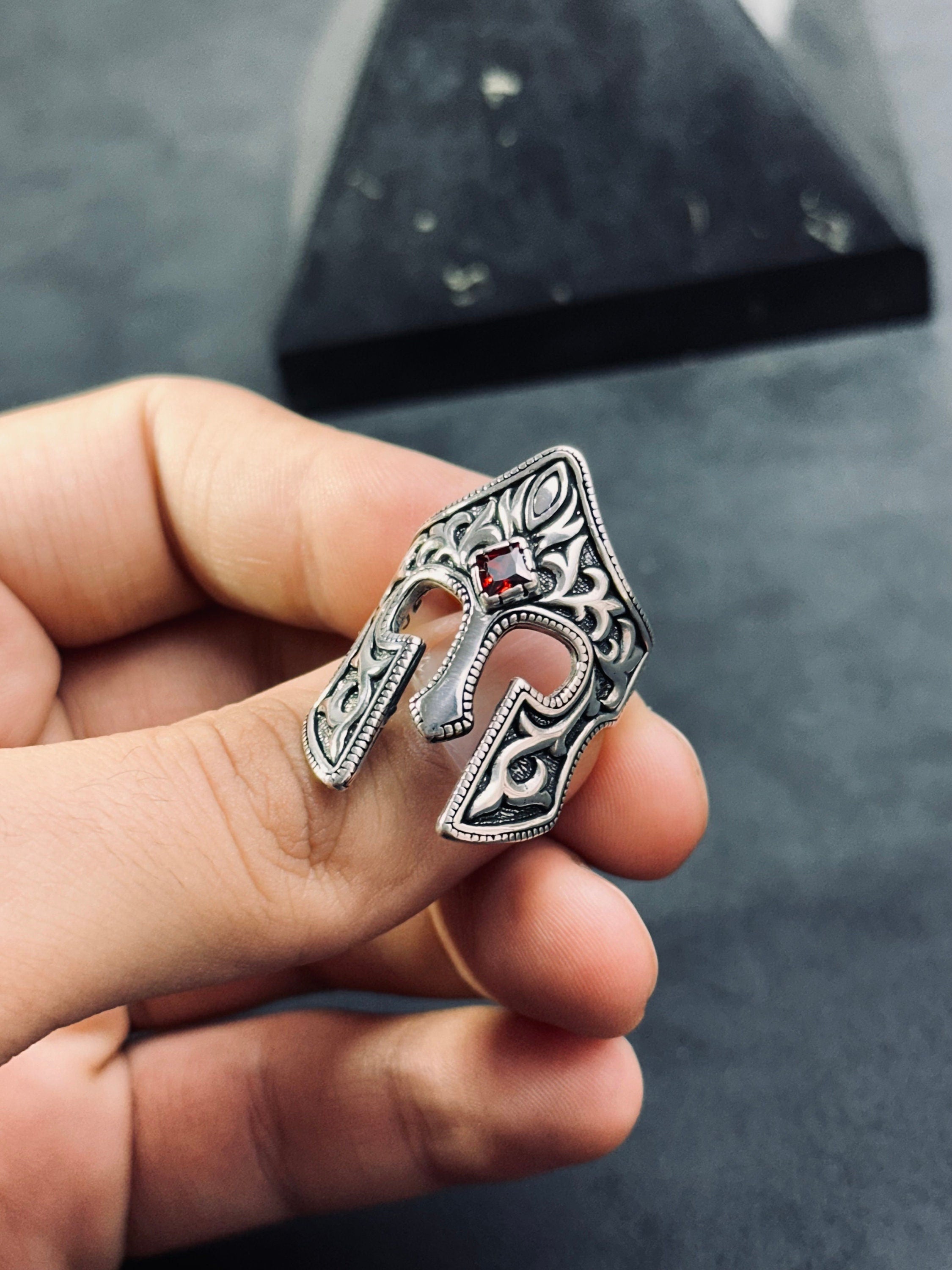 Helm Ring: Sterling Silver with Zircon - Handmade Warrior Design