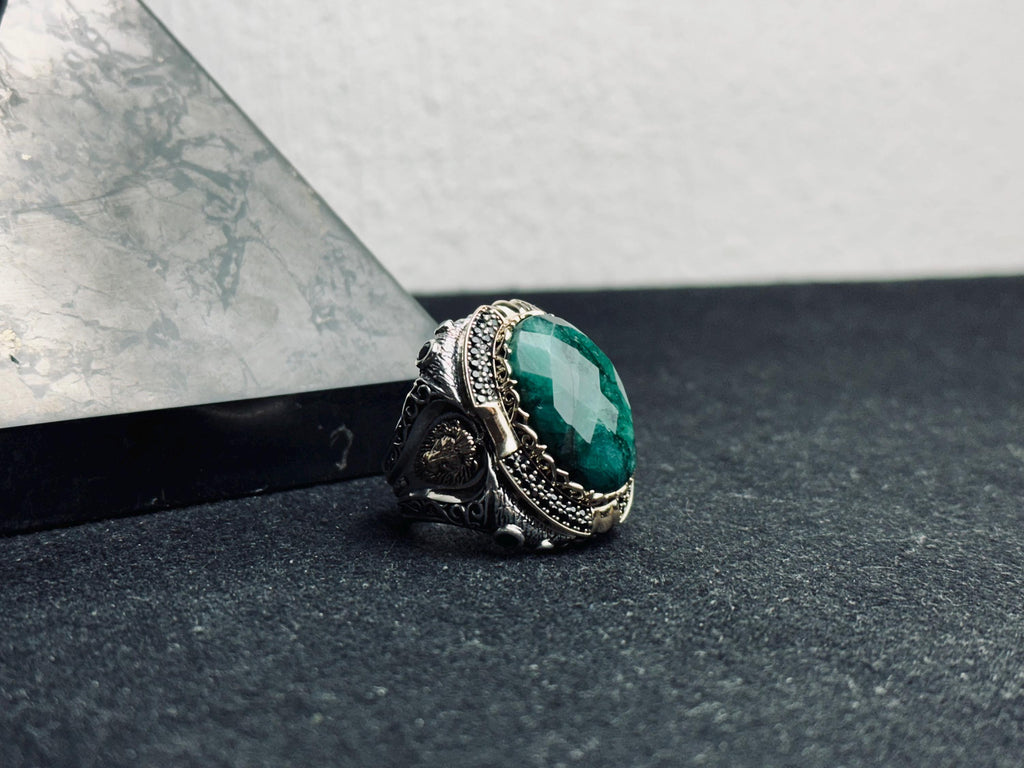 Huge Emerald Stone Ring - Sterling Silver Lion Head Design