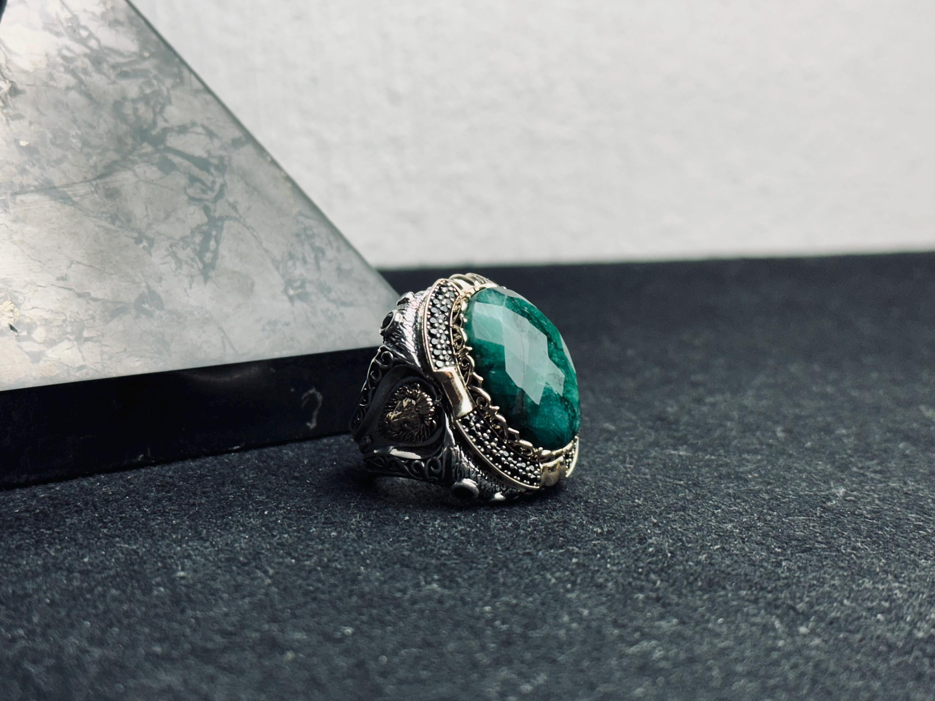 Huge Emerald Stone Ring - Sterling Silver Lion Head Design
