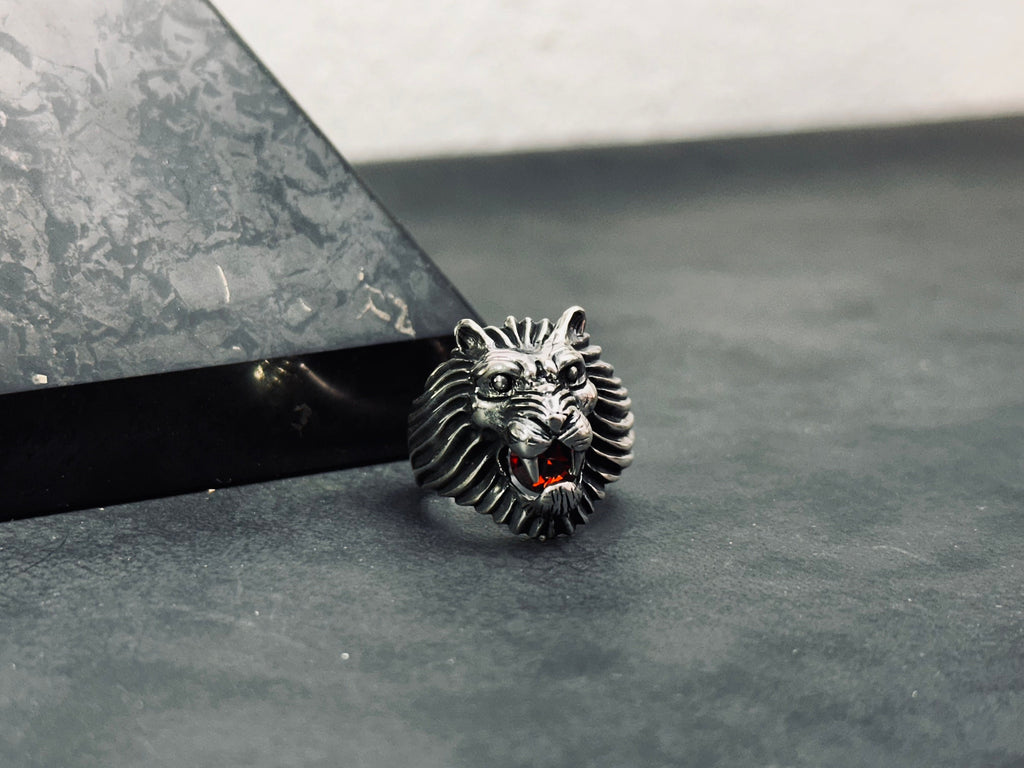Men's Sterling Silver Lion Ring, Engraved CZ Gemstone (Handmade)