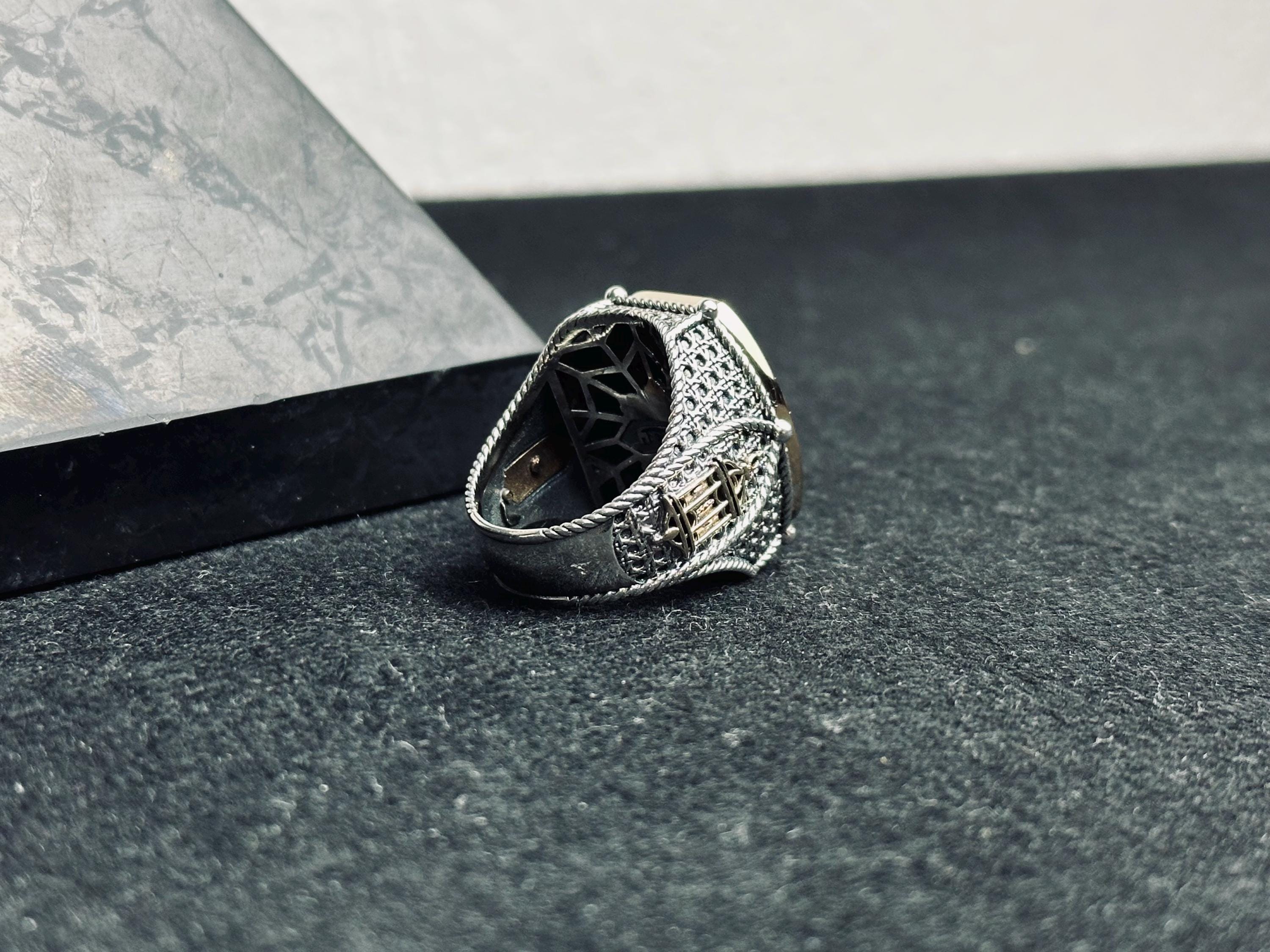 Turquoise Men's Ring - Sterling Silver with Zircon and Mosque Detail