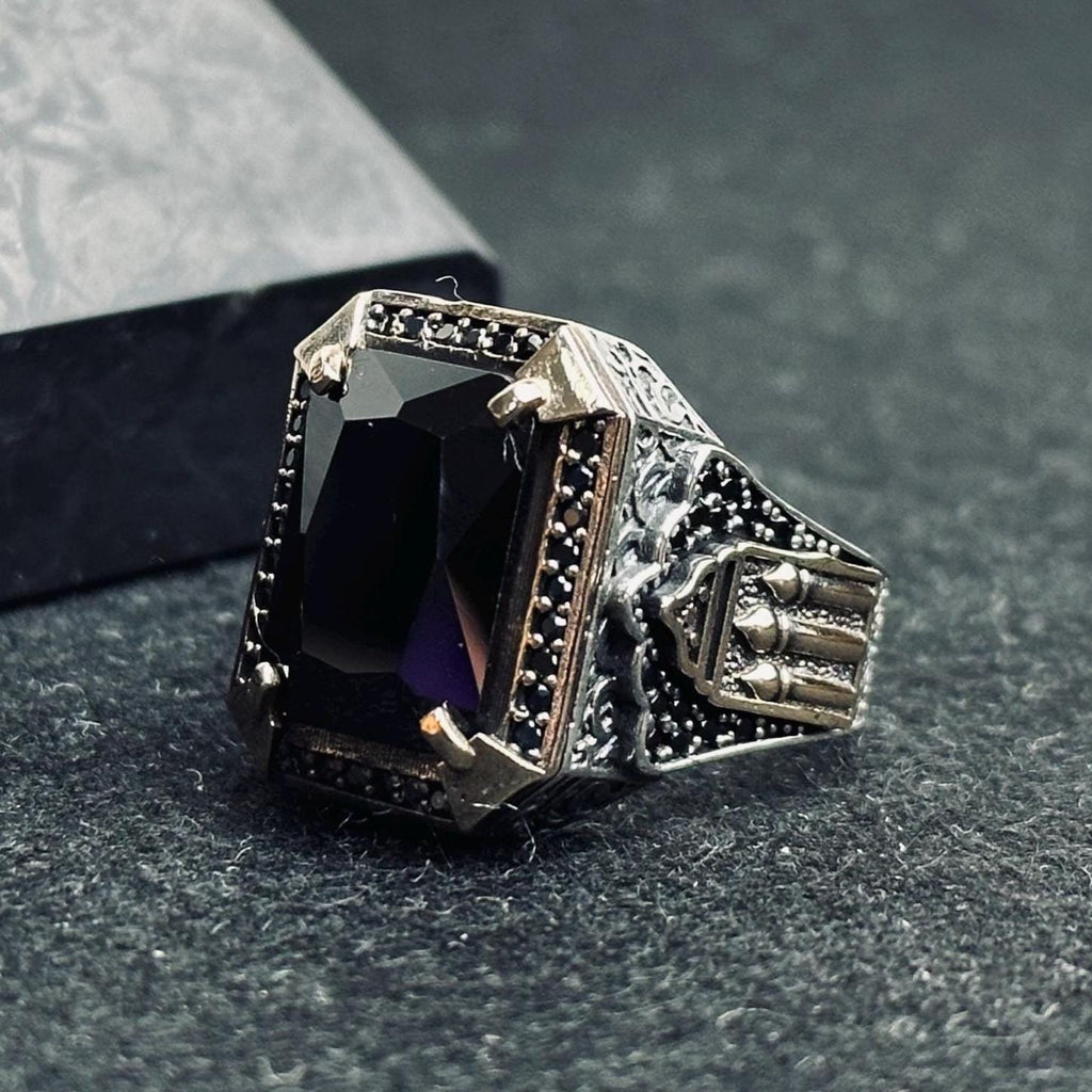 Men's Oxidized Silver Signet Ring, Black Zircon (Handmade 925 Sterling)