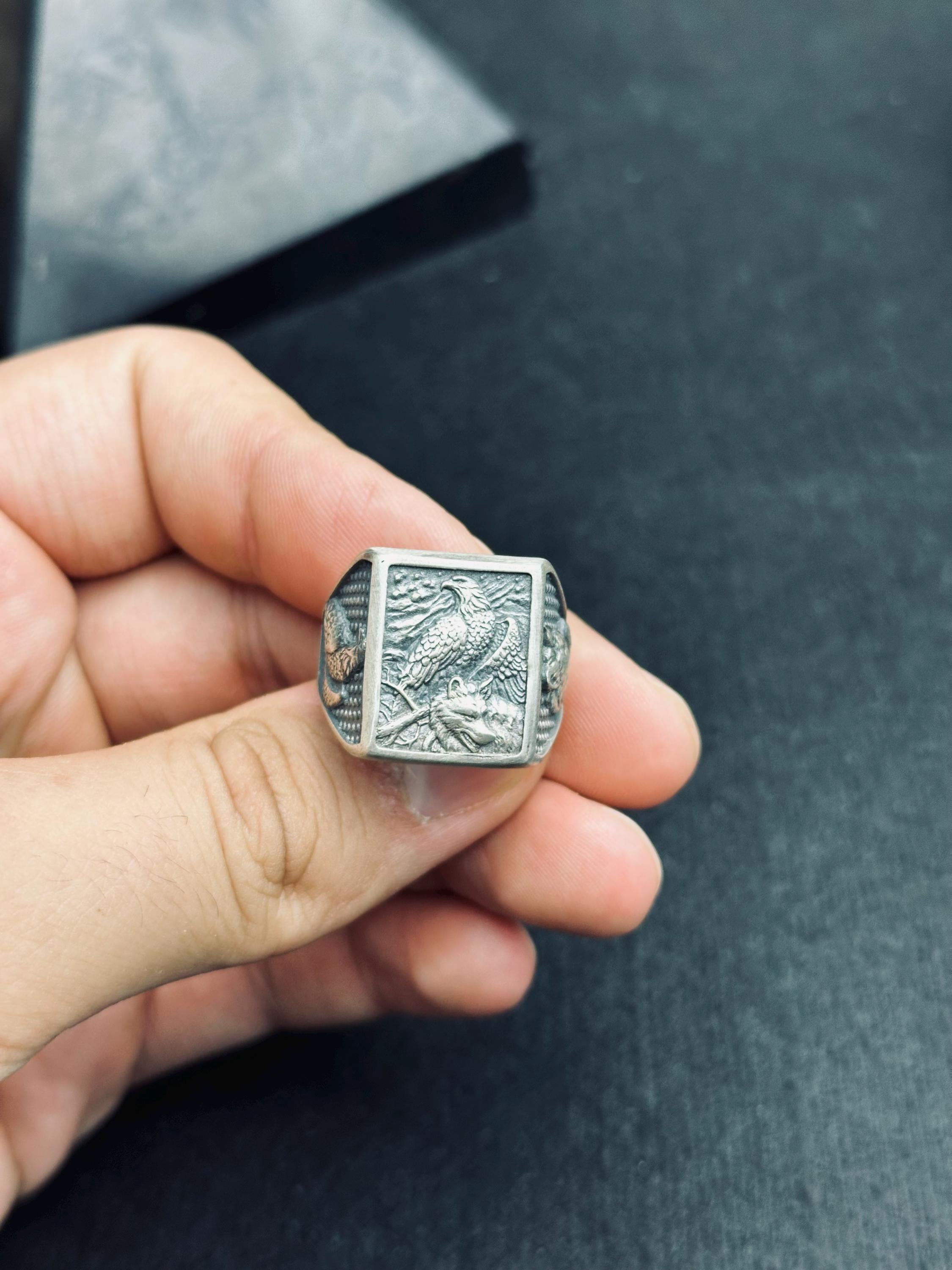 Square Eagle Ring: Sterling Silver Handmade - Patriotic Statement