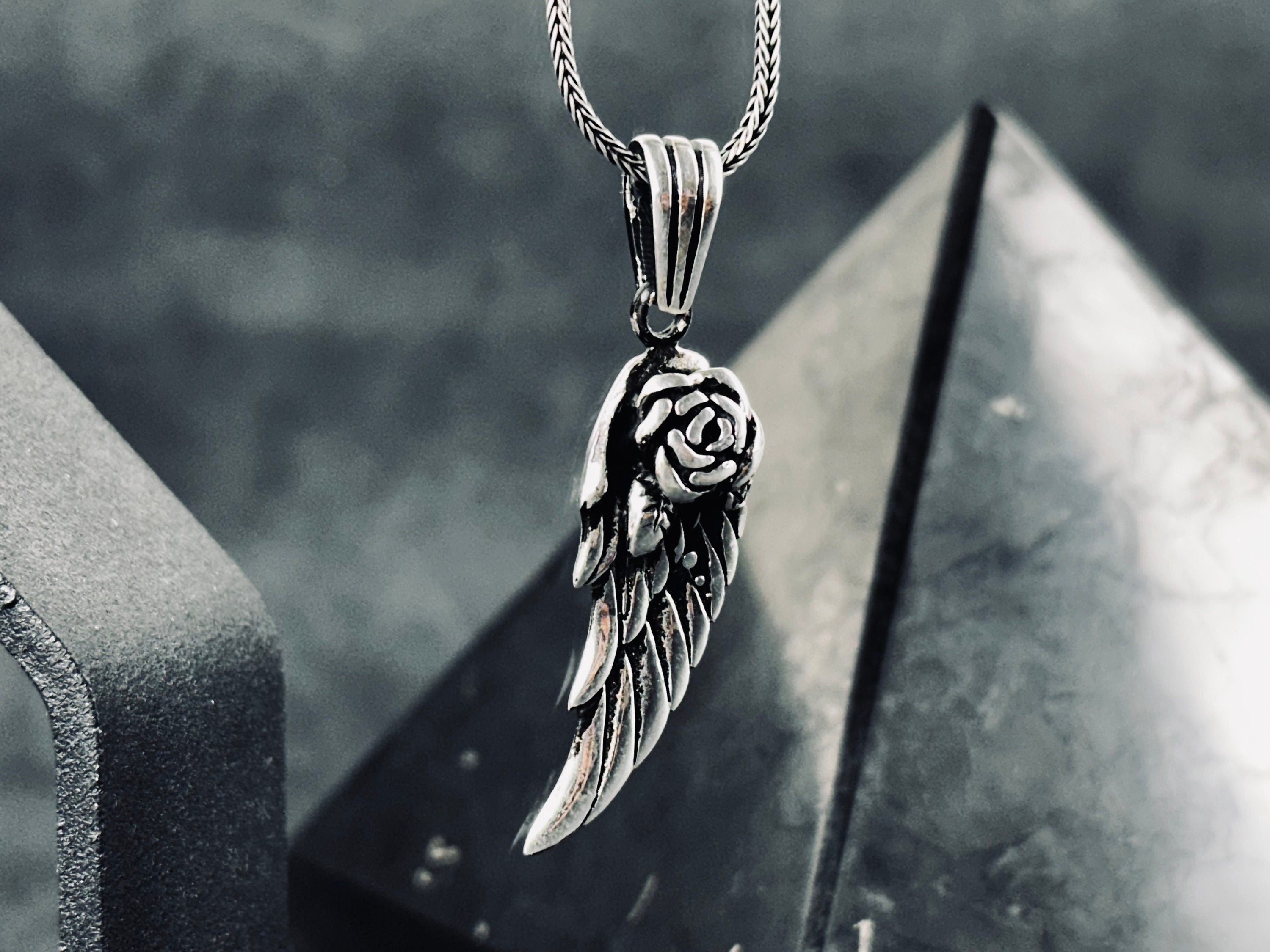 Silver Rose Wing Necklace - Handmade Pendant with Chain