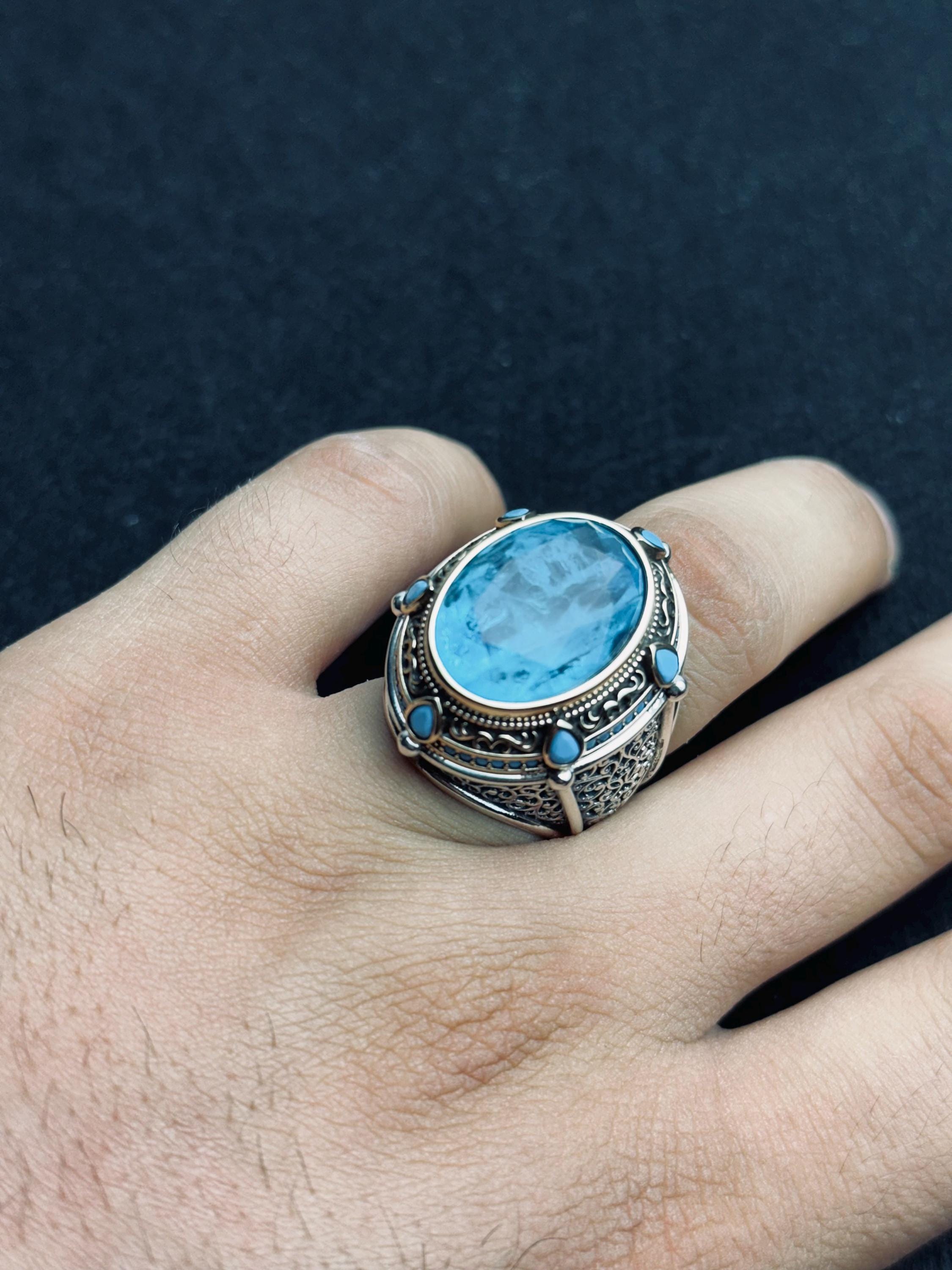 Aquamarine Statement Ring: Handmade Turkish Silver (Men's Size)