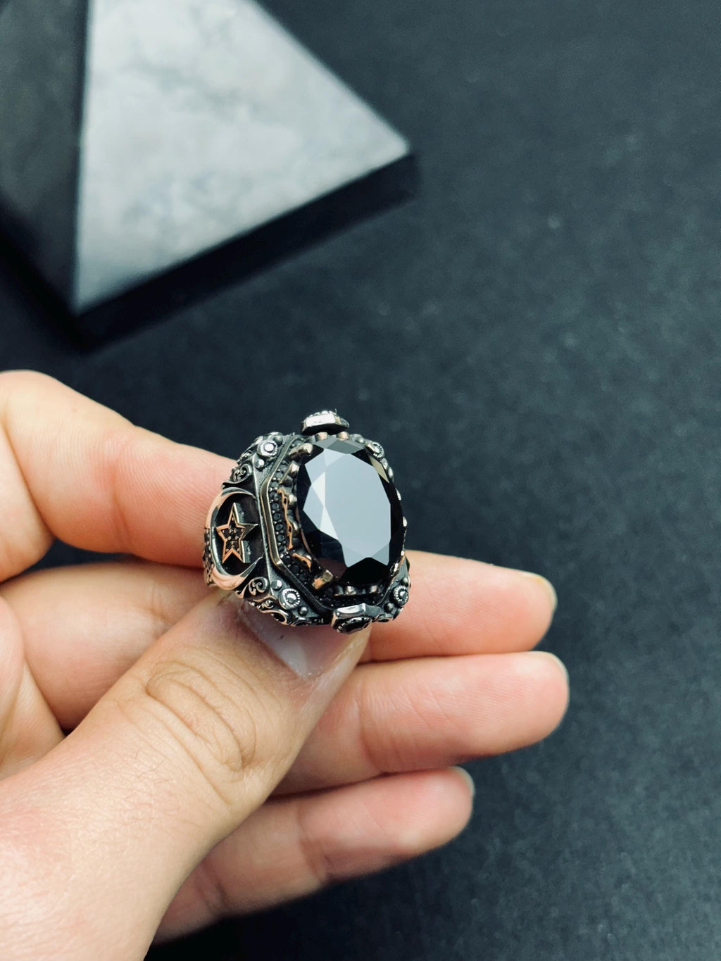 Men's Signet Ring: Black Zircon Stone - Sterling Silver