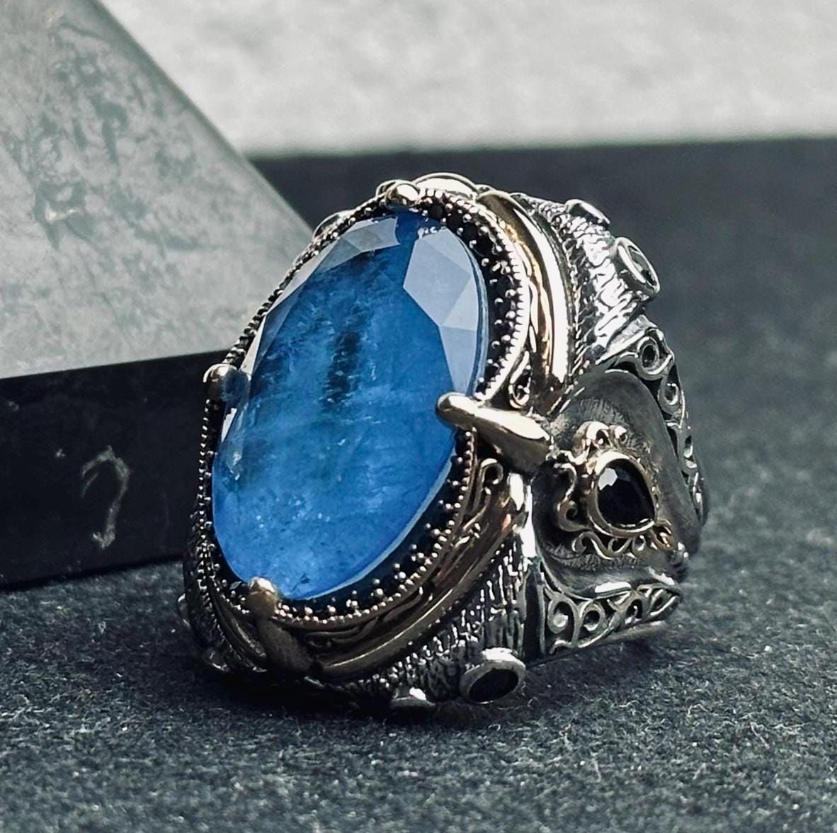 Handmade Sterling Silver Men’s Ring with Large Blue Gemstone – Vintage Ottoman Style Statement Ring, Bold Warrior Ring, Gift for Him