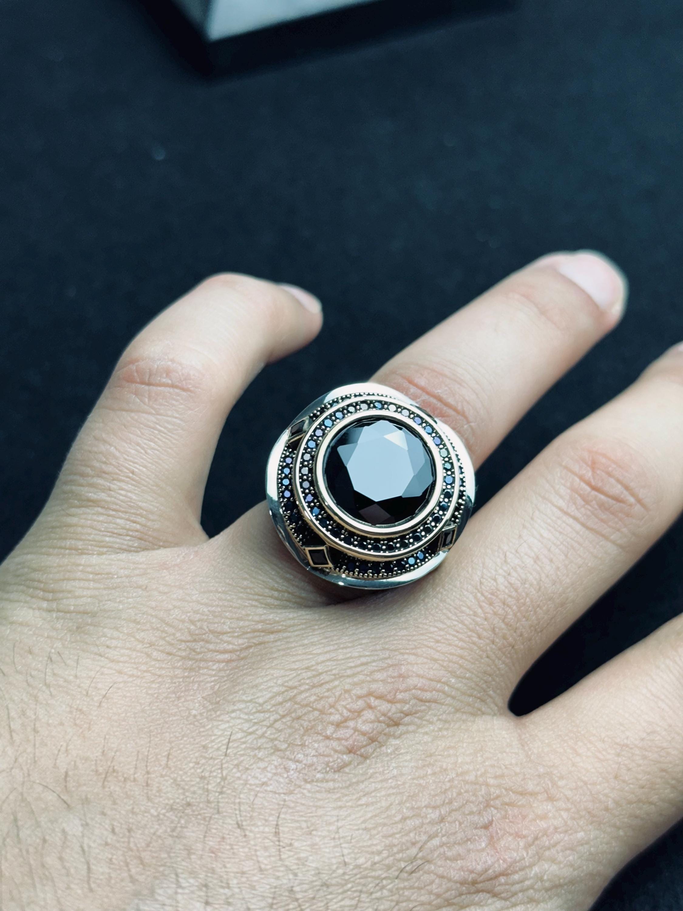 Sterling Silver Men's Ring: Black Zircon Stone (Handmade, Turkish Style)
