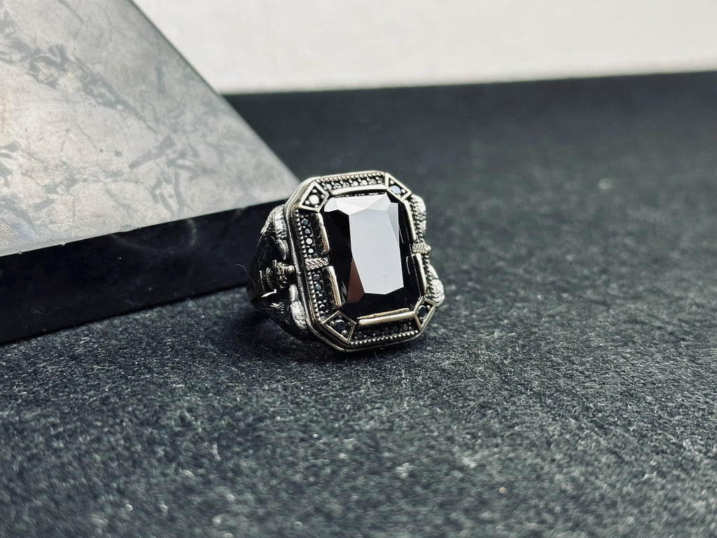 Men's Sterling Silver Ring: Black Zircon, Eagle Motif - Handmade