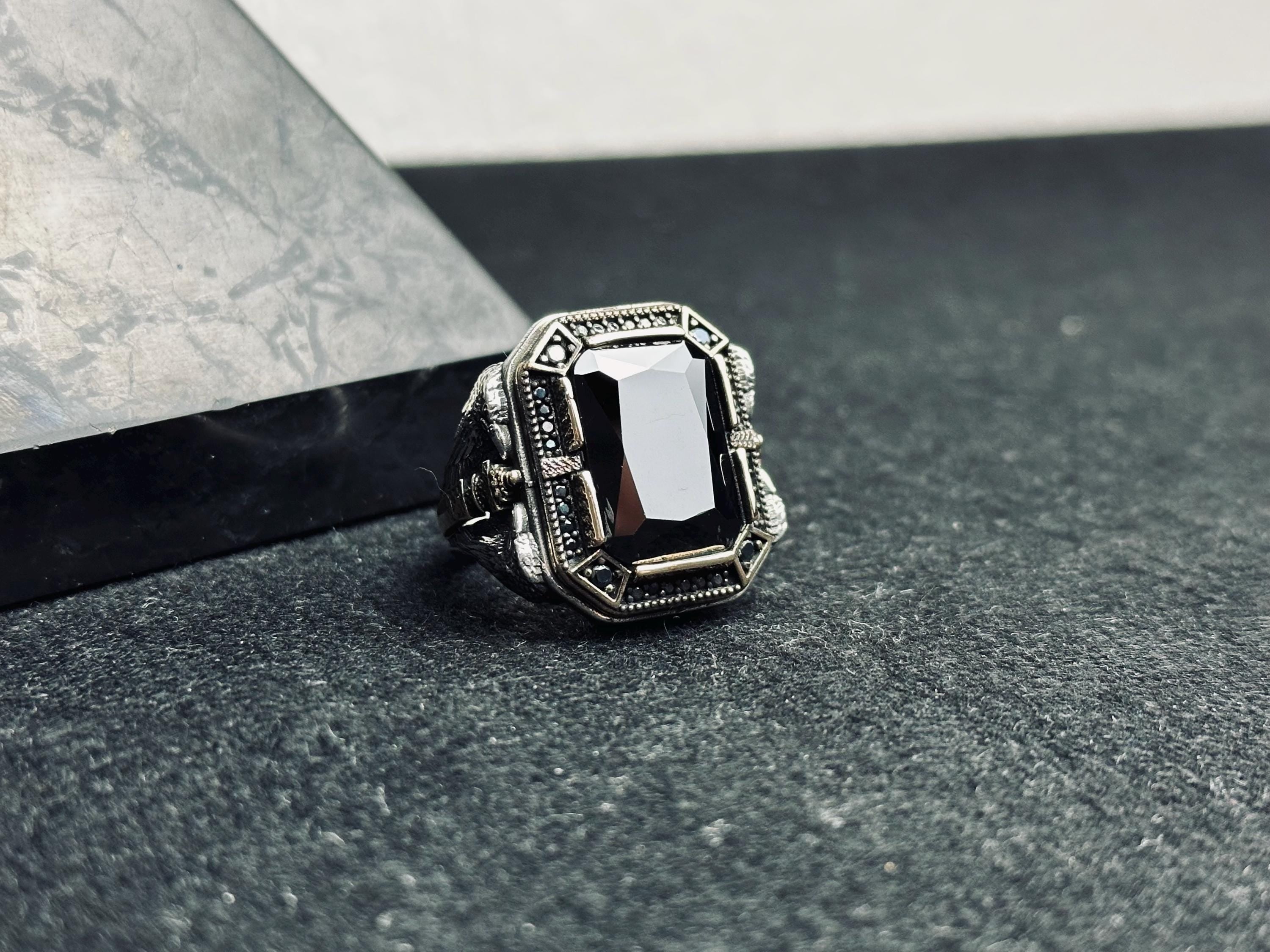 Men's Sterling Silver Ring: Black Zircon, Eagle Motif - Handmade