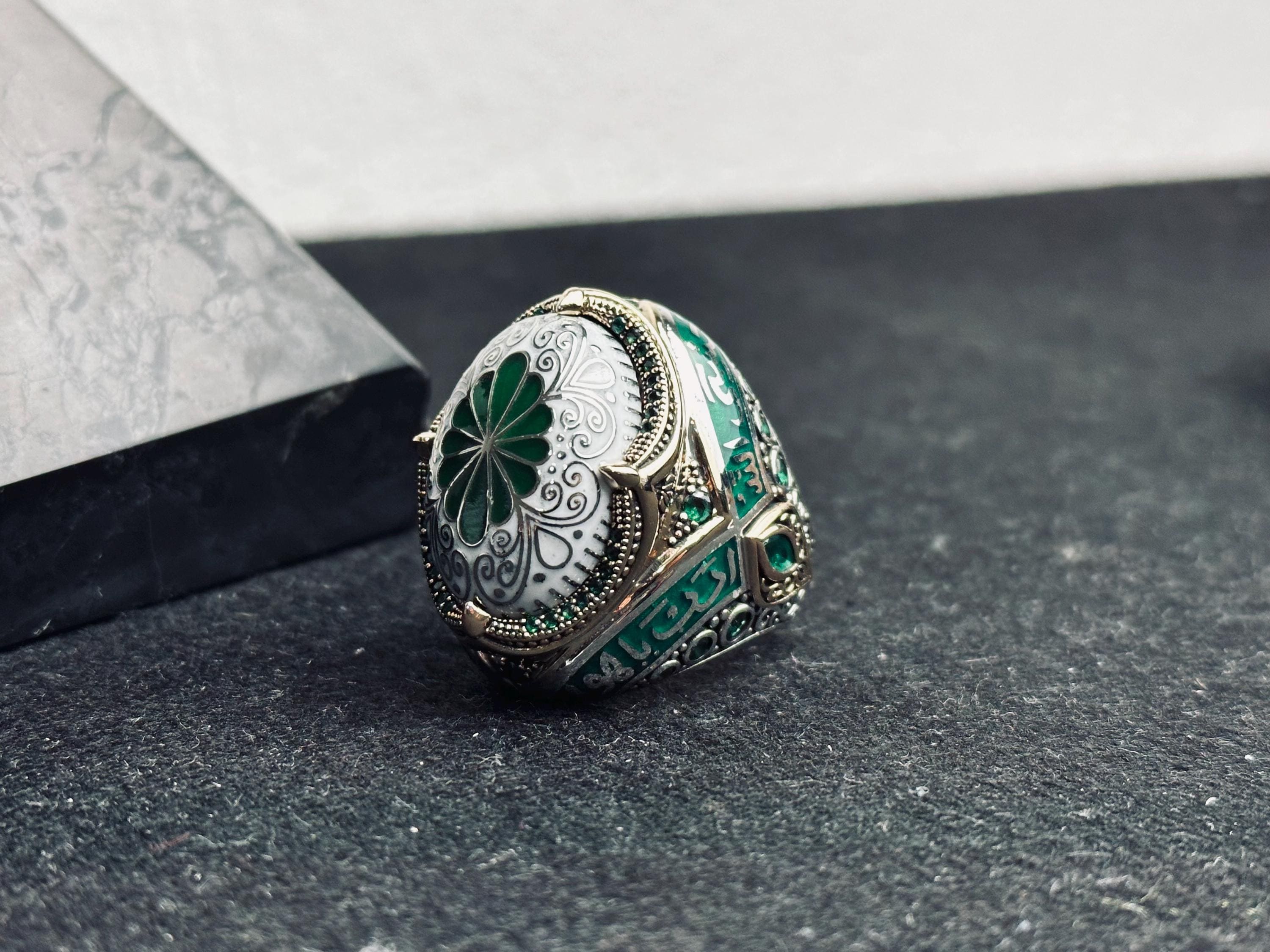 Green Enamel Islamic Ring, 925 Sterling Silver Ottoman Men's Ring
