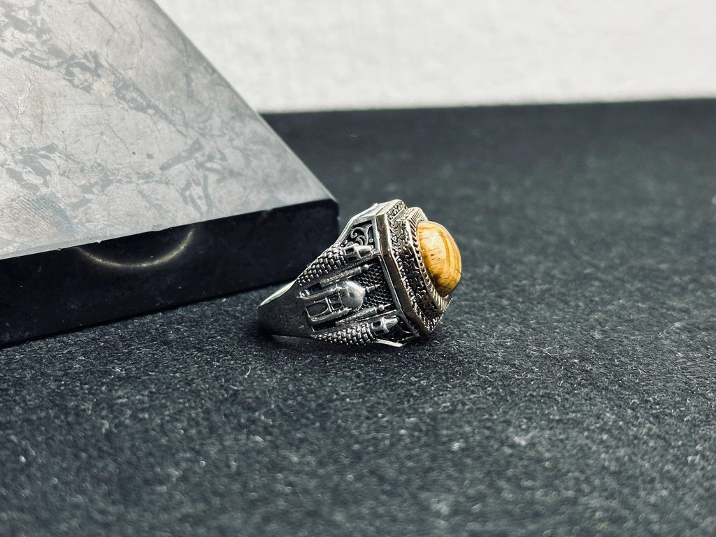 Tiger Eye Statement Ring: Men's Silver Jewelry (Mosque Engraving)
