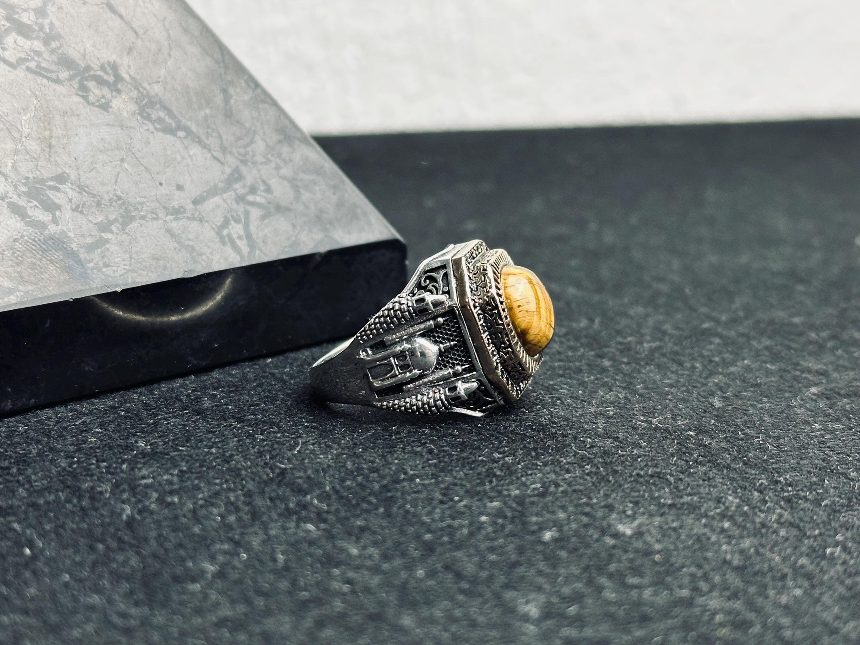 Tiger Eye Statement Ring: Men's Silver Jewelry (Mosque Engraving)