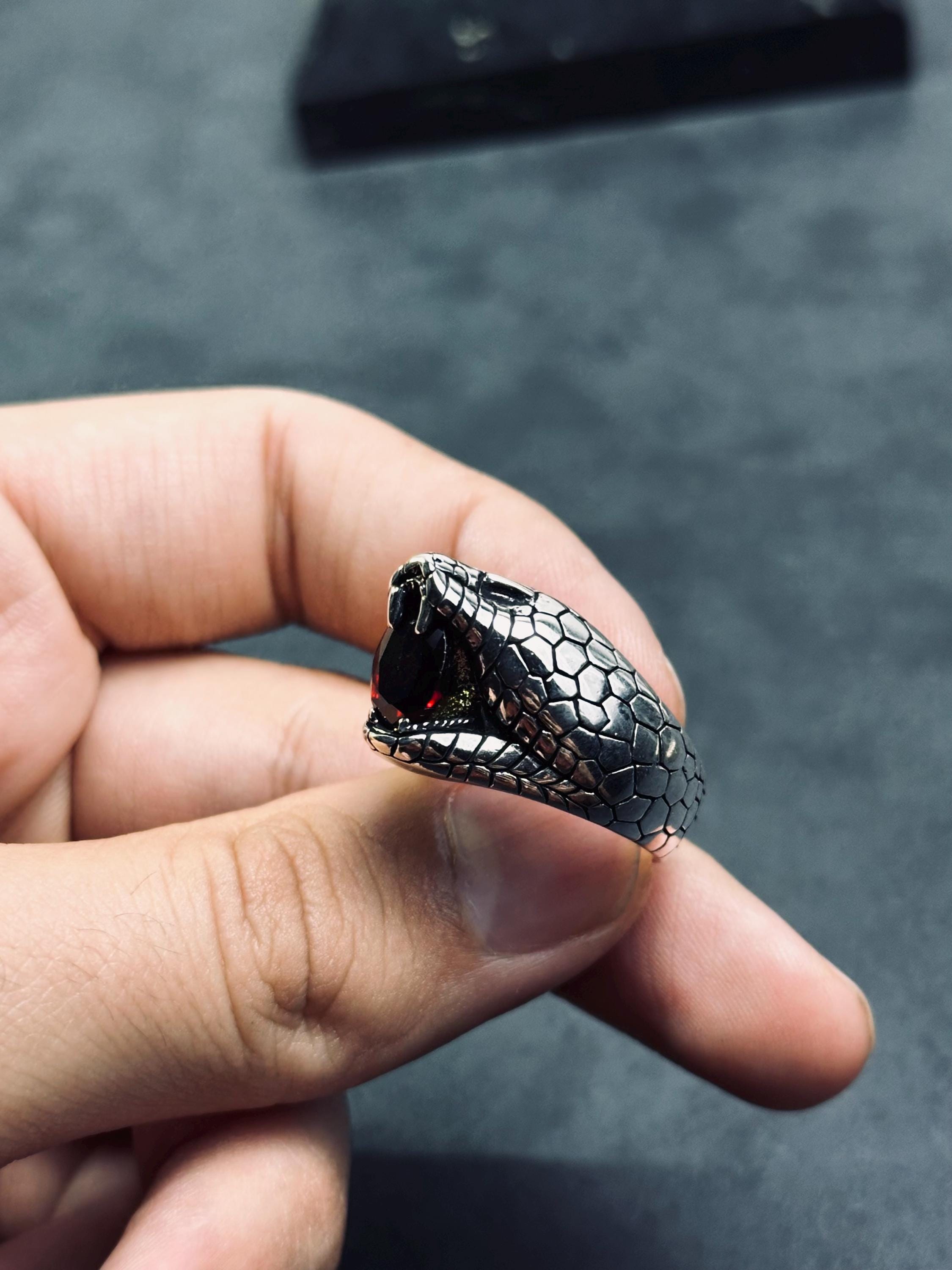 Engraved Sterling Silver Snake Ring: Red Cubic Zirconia Accent