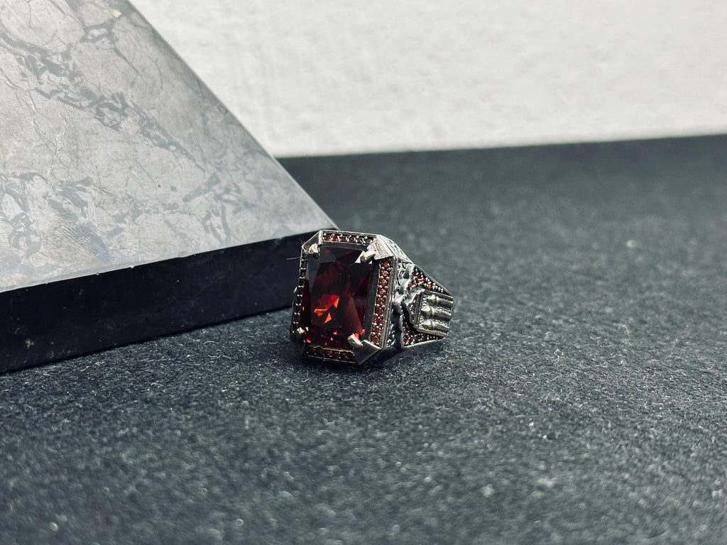 Men's Square Ruby Ring: Ottoman Inspired Design (Sterling Silver)