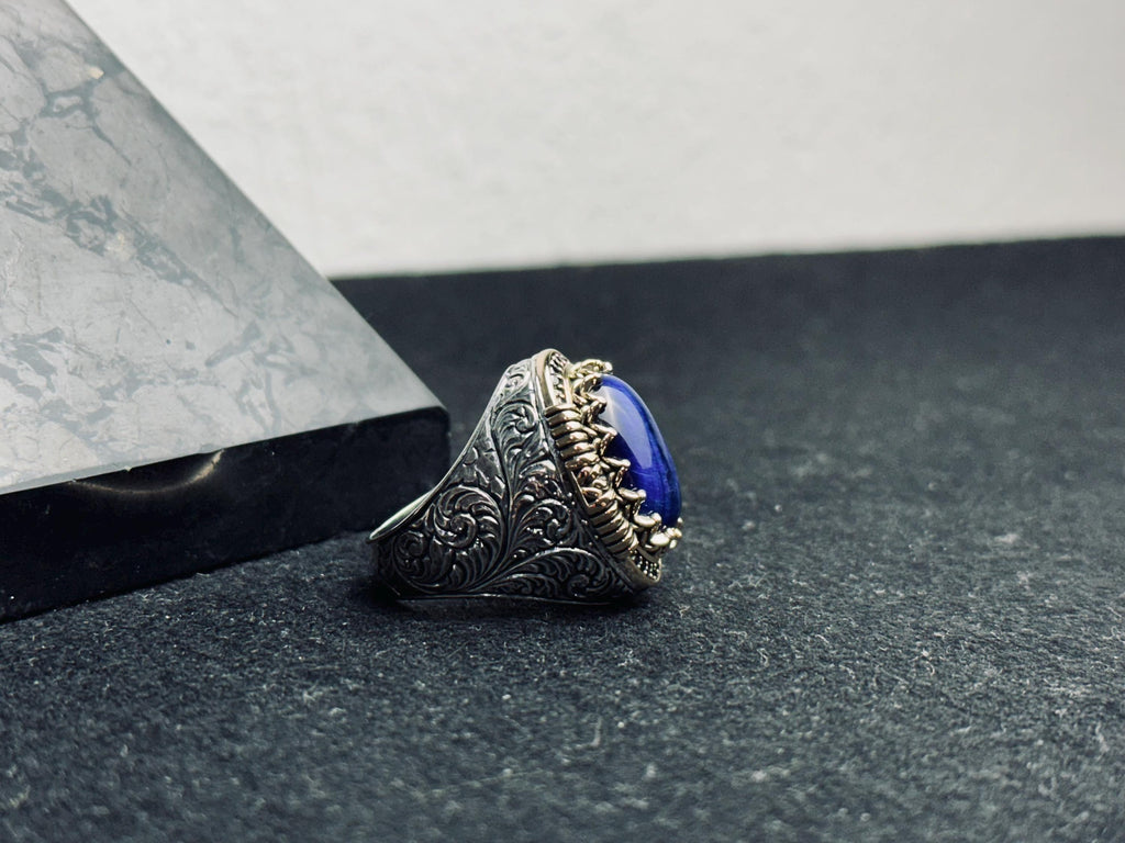 Viking Sapphire Ring, Dragon Engraved, Sterling Silver (Men's Size)