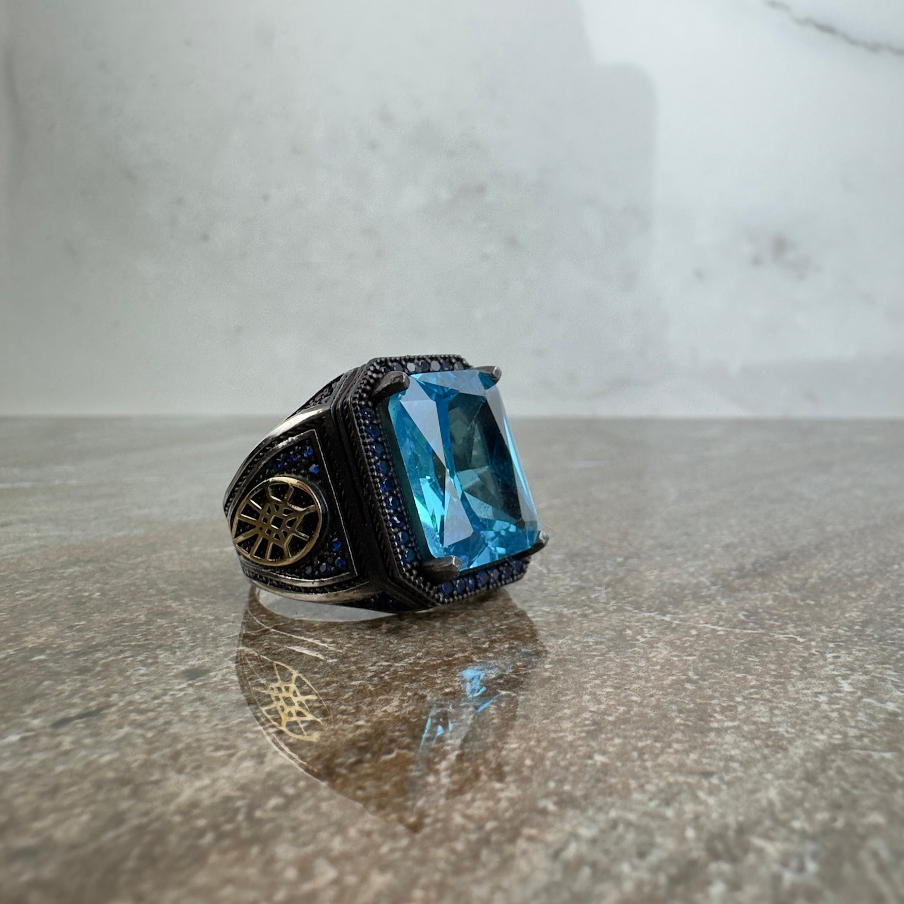 Men's Sterling Silver Ring: Blue Zirconia Stone - Handmade Jewelry