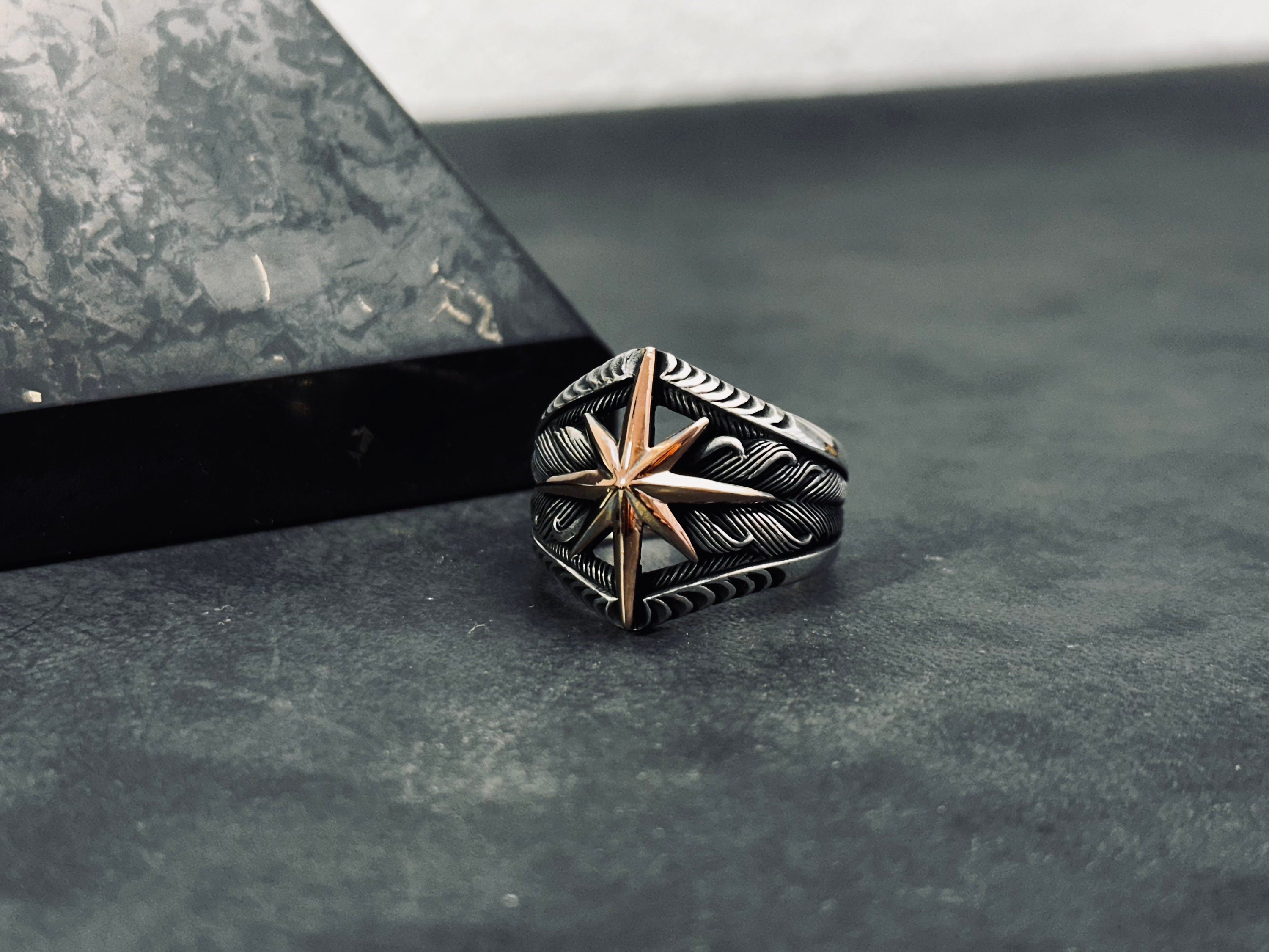 Sterling Silver Compass Ring, North Star Engraved (Handmade, 925)