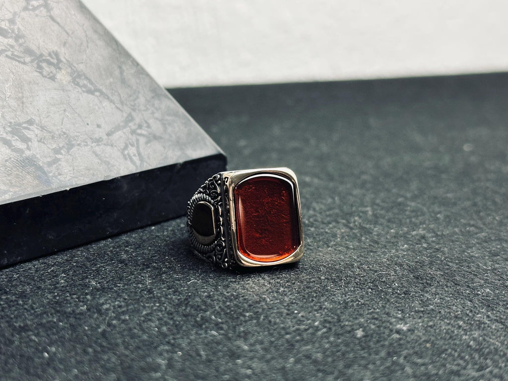 Sterling Silver Men's Amber Ring - Handmade Turkish Baltic Stone