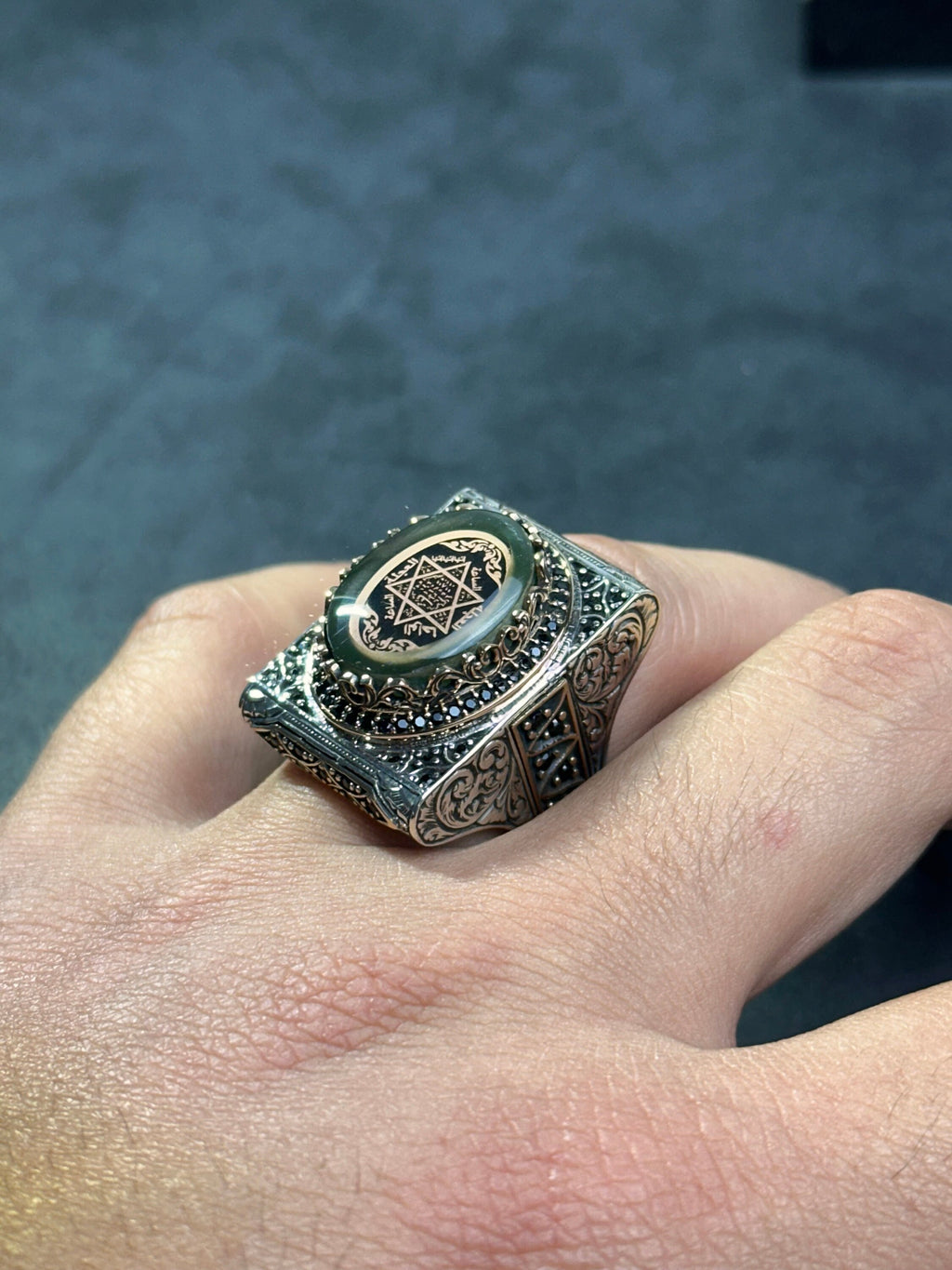 Solomon Seal Ring: Green Amber in Sterling Silver (Handmade Gift Box)