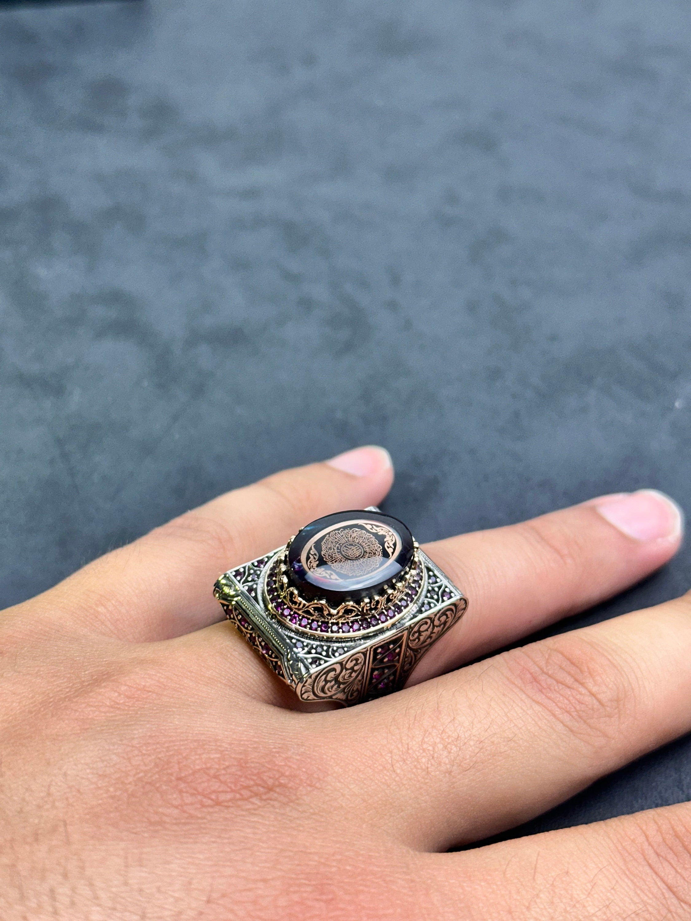 Sterling Silver Amber Ring - Handmade Arabic Inshirah Statement