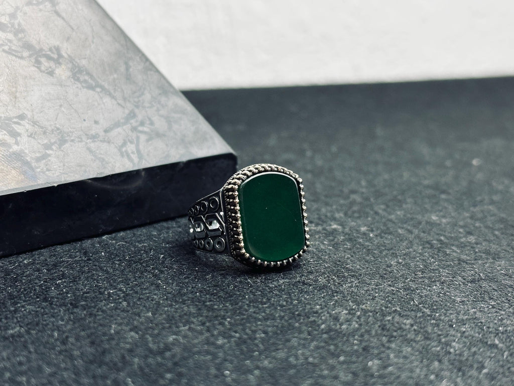 Turkish Sterling Silver Men's Ring, Emerald Agate Square (Vintage Style)