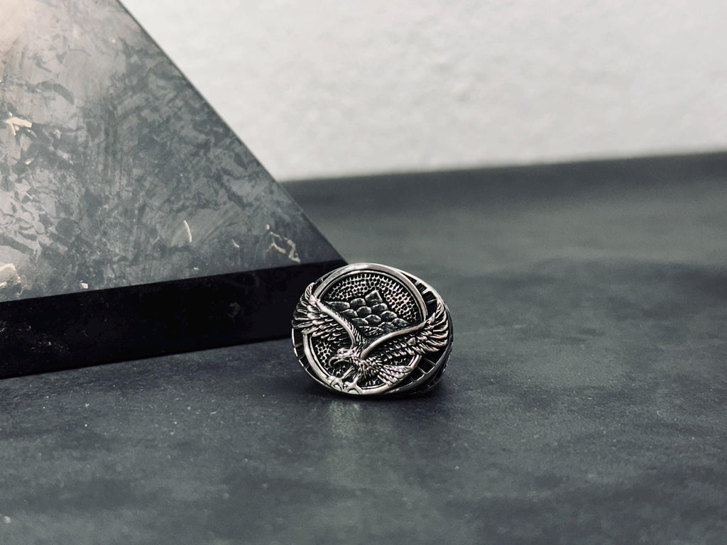 Oxidized Sterling Silver Eagle Ring: Handmade Engraved Design