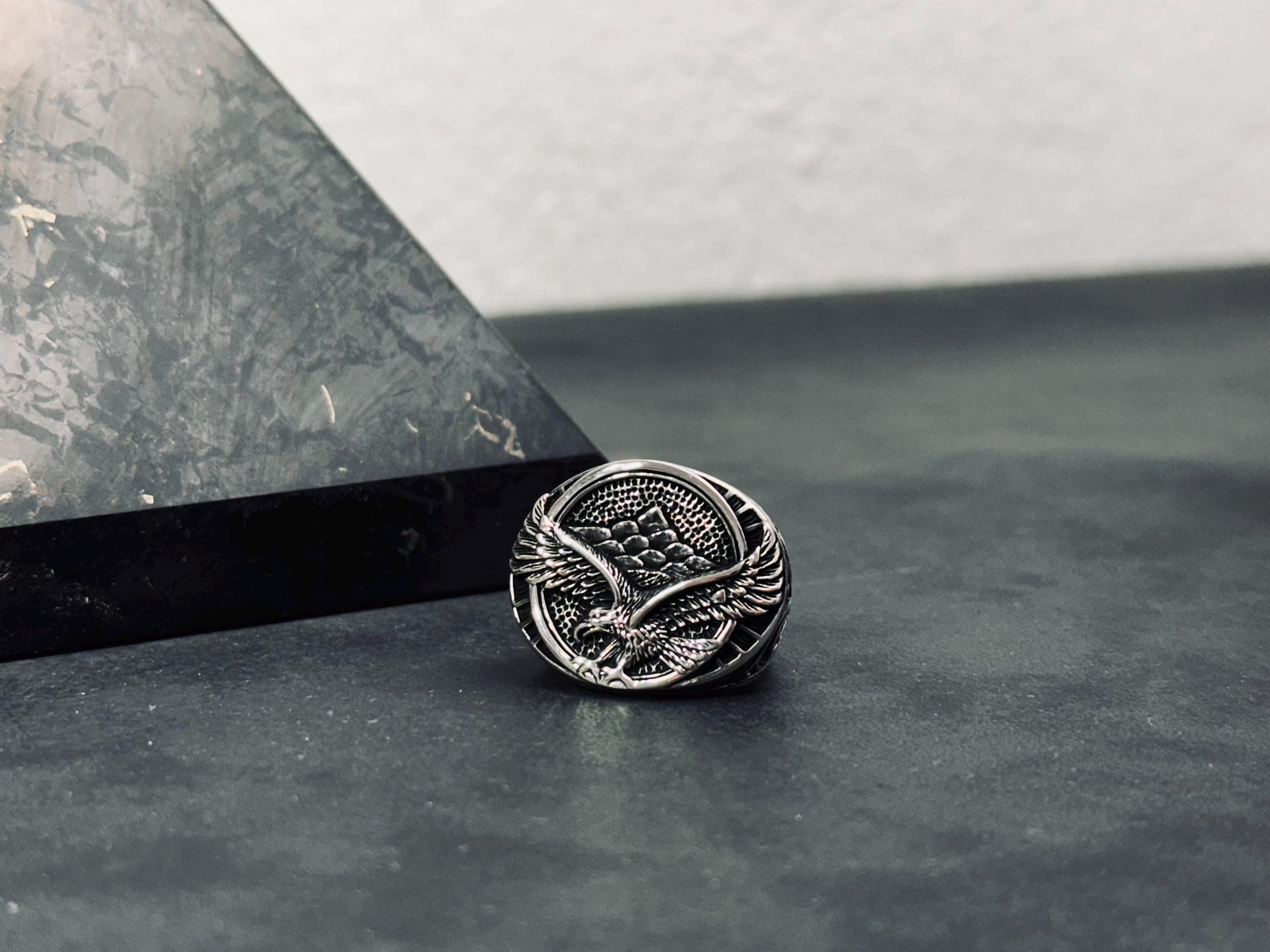Oxidized Sterling Silver Eagle Ring: Handmade Engraved Design