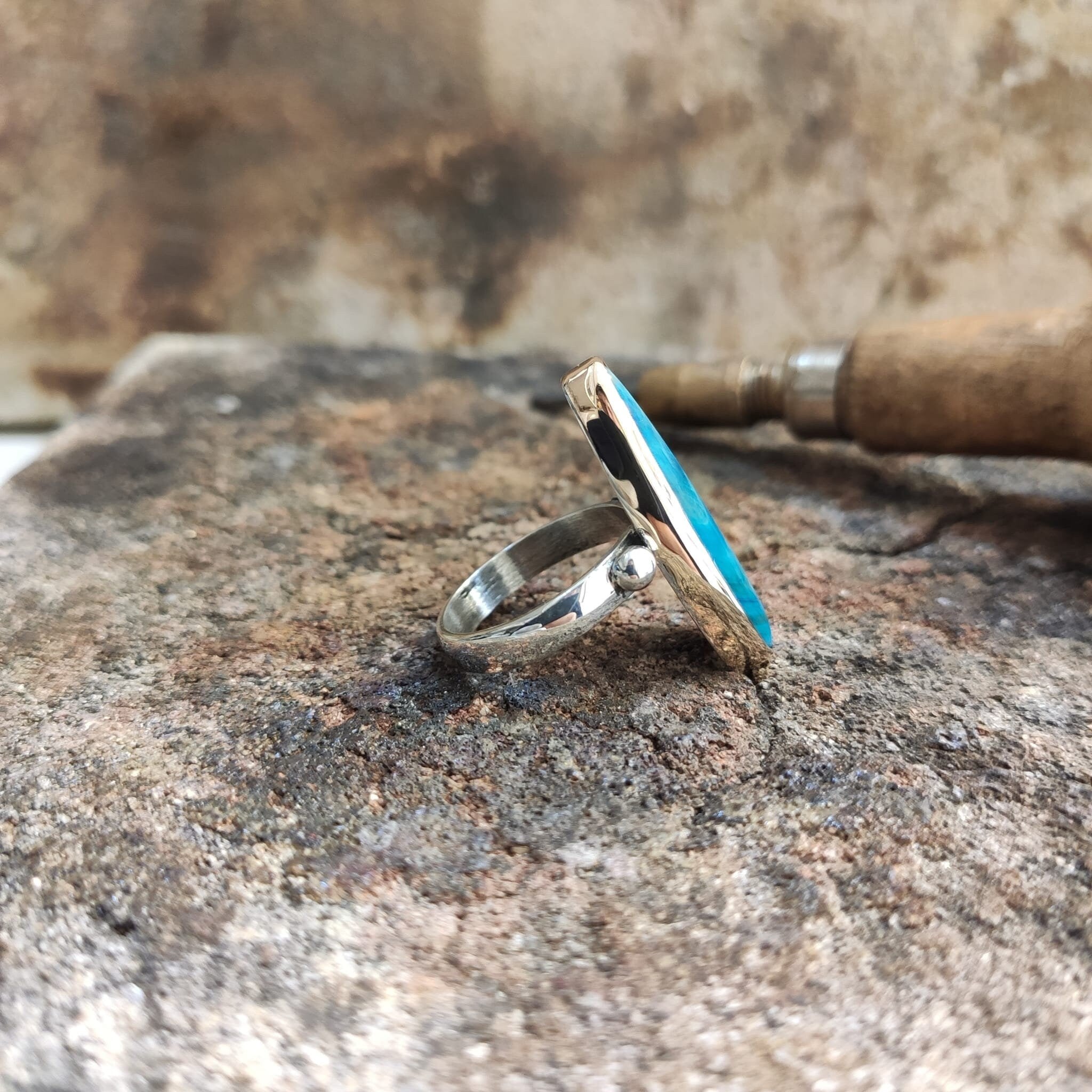 Blue Mother of Pearl Ring: Handmade Sterling Silver Statement