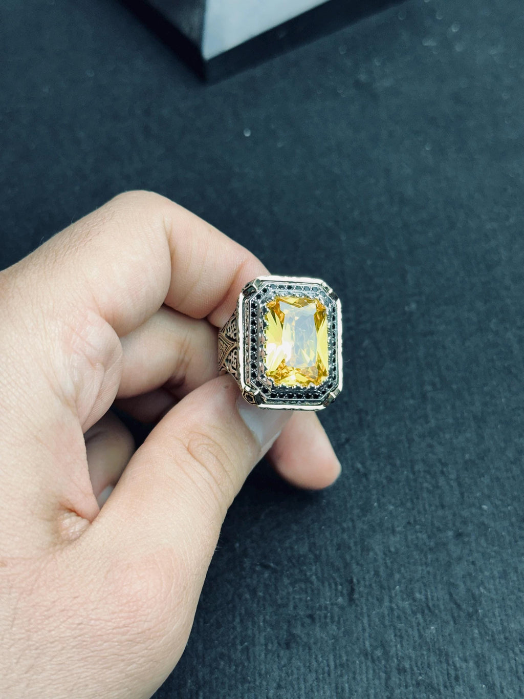 Square Citrine Men’s Ring - Handmade Sterling Silver Bold Gem