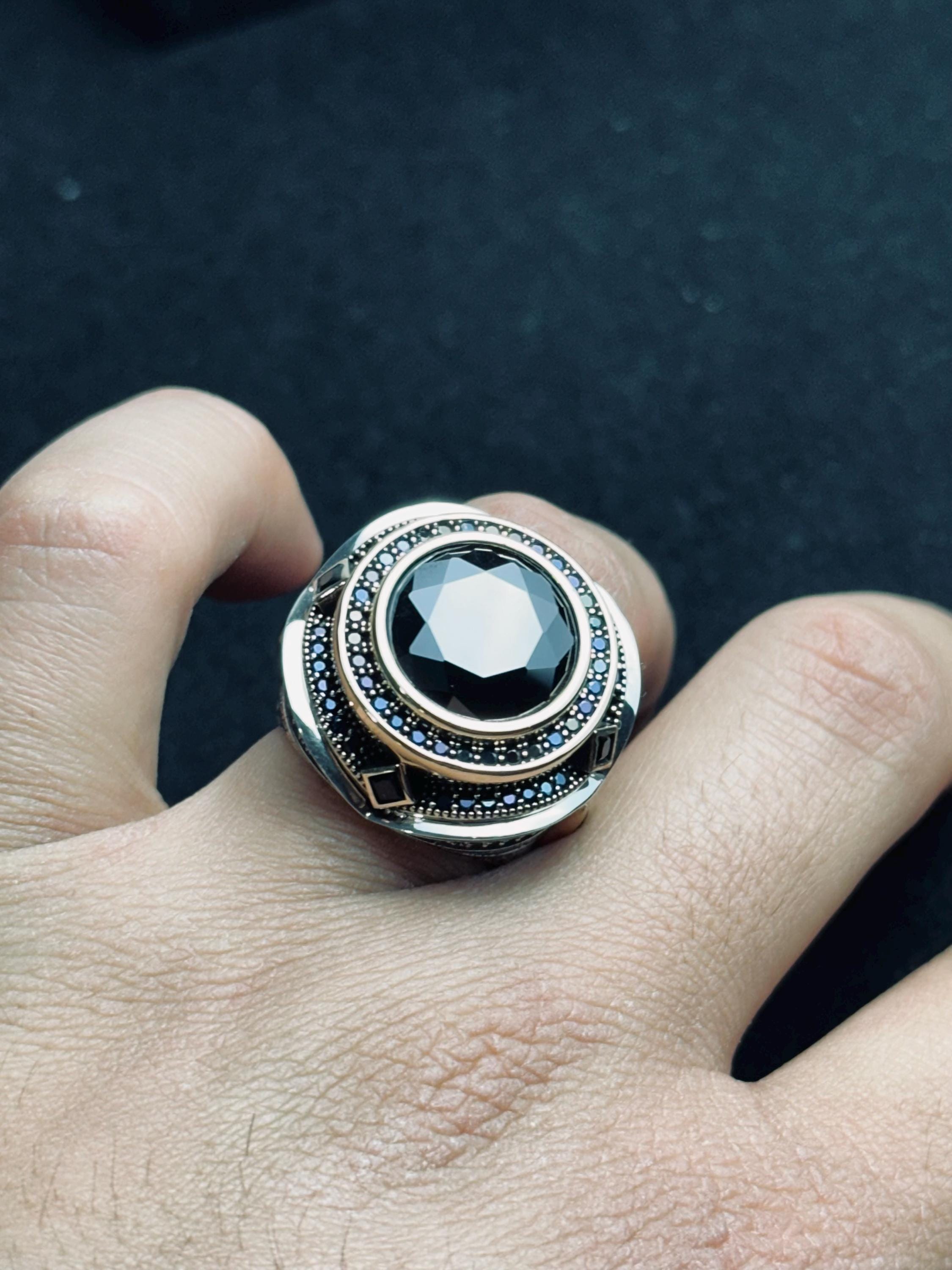 Sterling Silver Men's Ring: Black Zircon Stone (Handmade, Turkish Style)