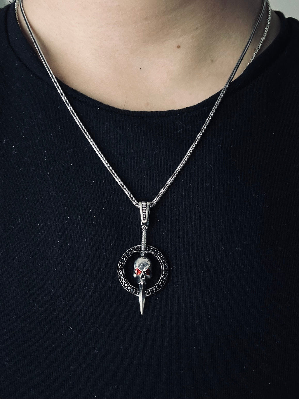 Goth Sterling Silver Skull Necklace, Chunky Chain (Layered Look)