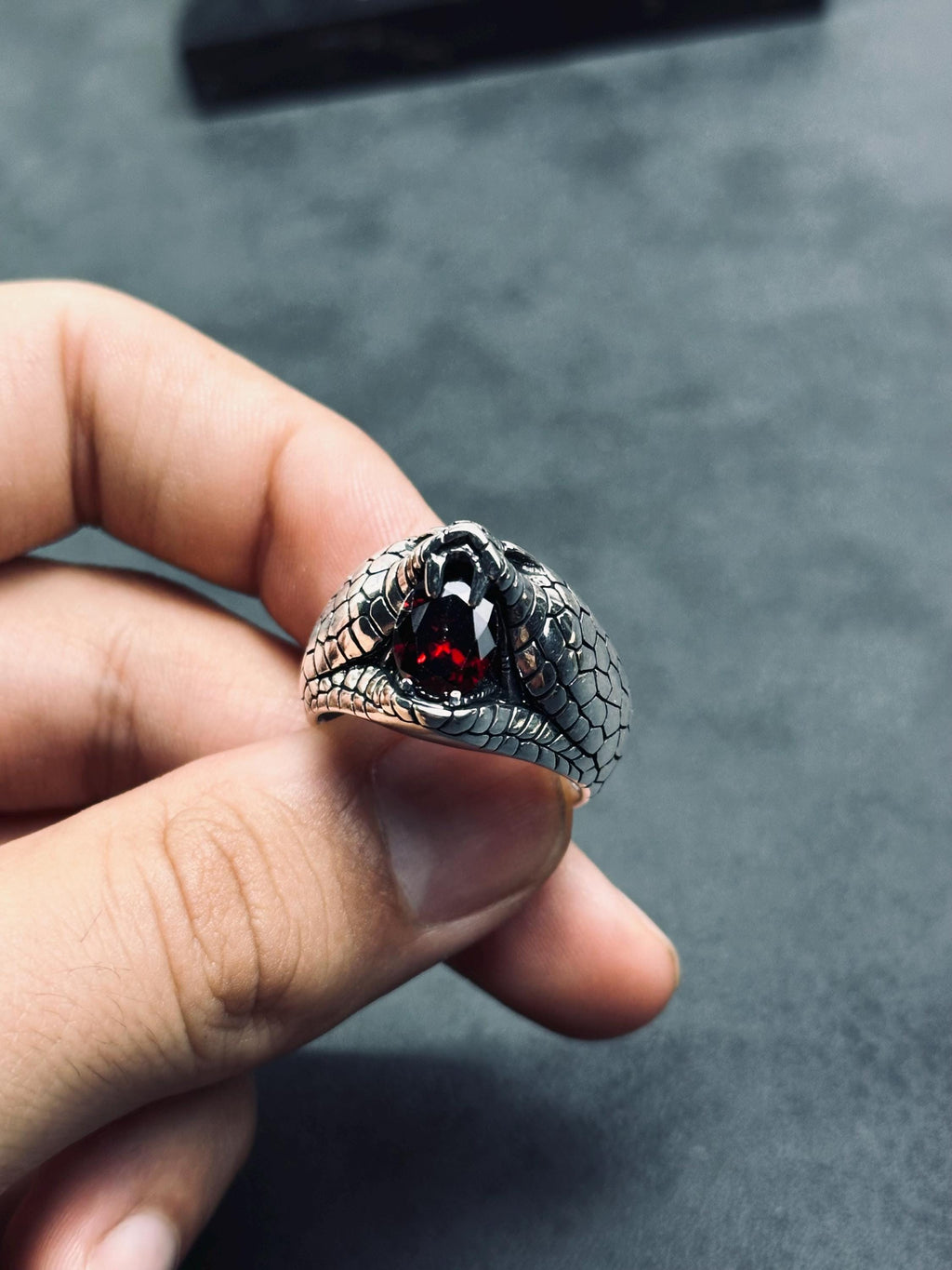 Engraved Sterling Silver Snake Ring: Red Cubic Zirconia Accent