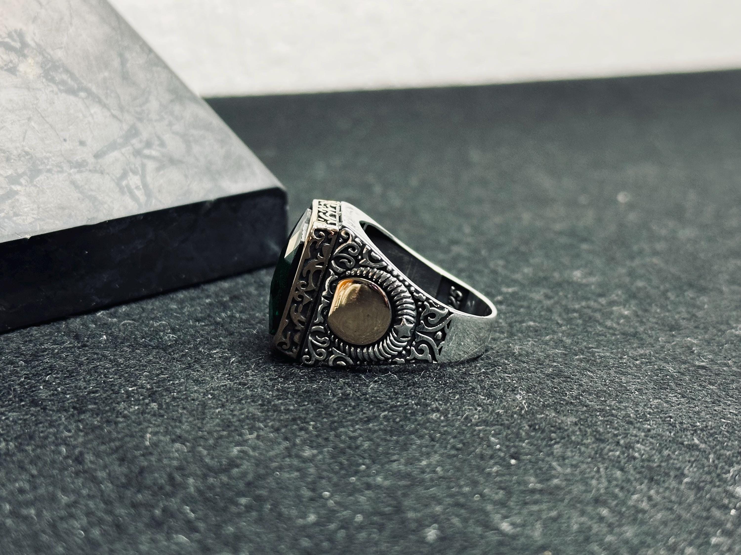 Men’s Emerald Ring: Square Stone, Crescent Star - Sterling Silver