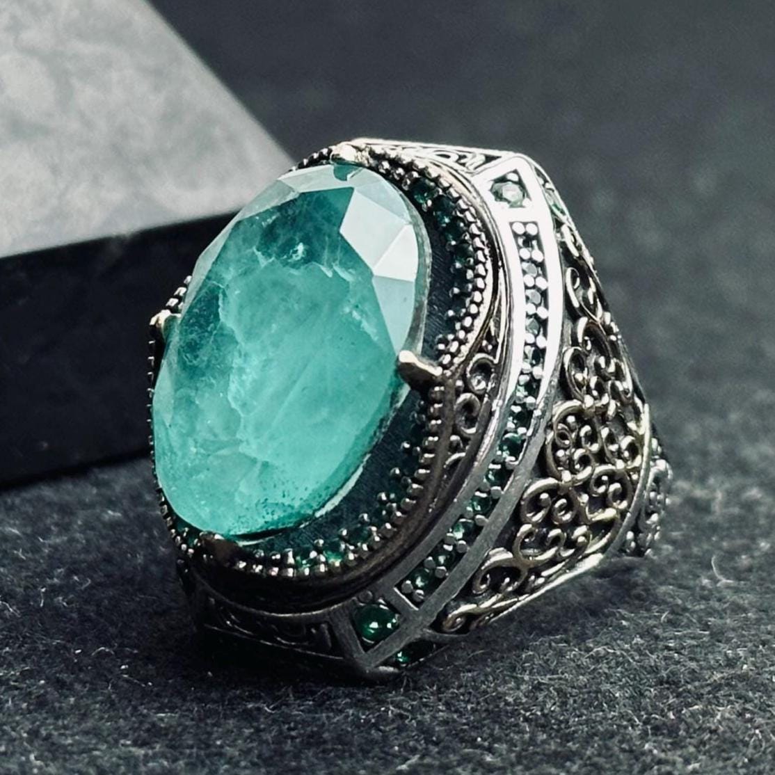 Turkish Aquamarine Ring, Sterling Silver Light Blue (Men's Size)