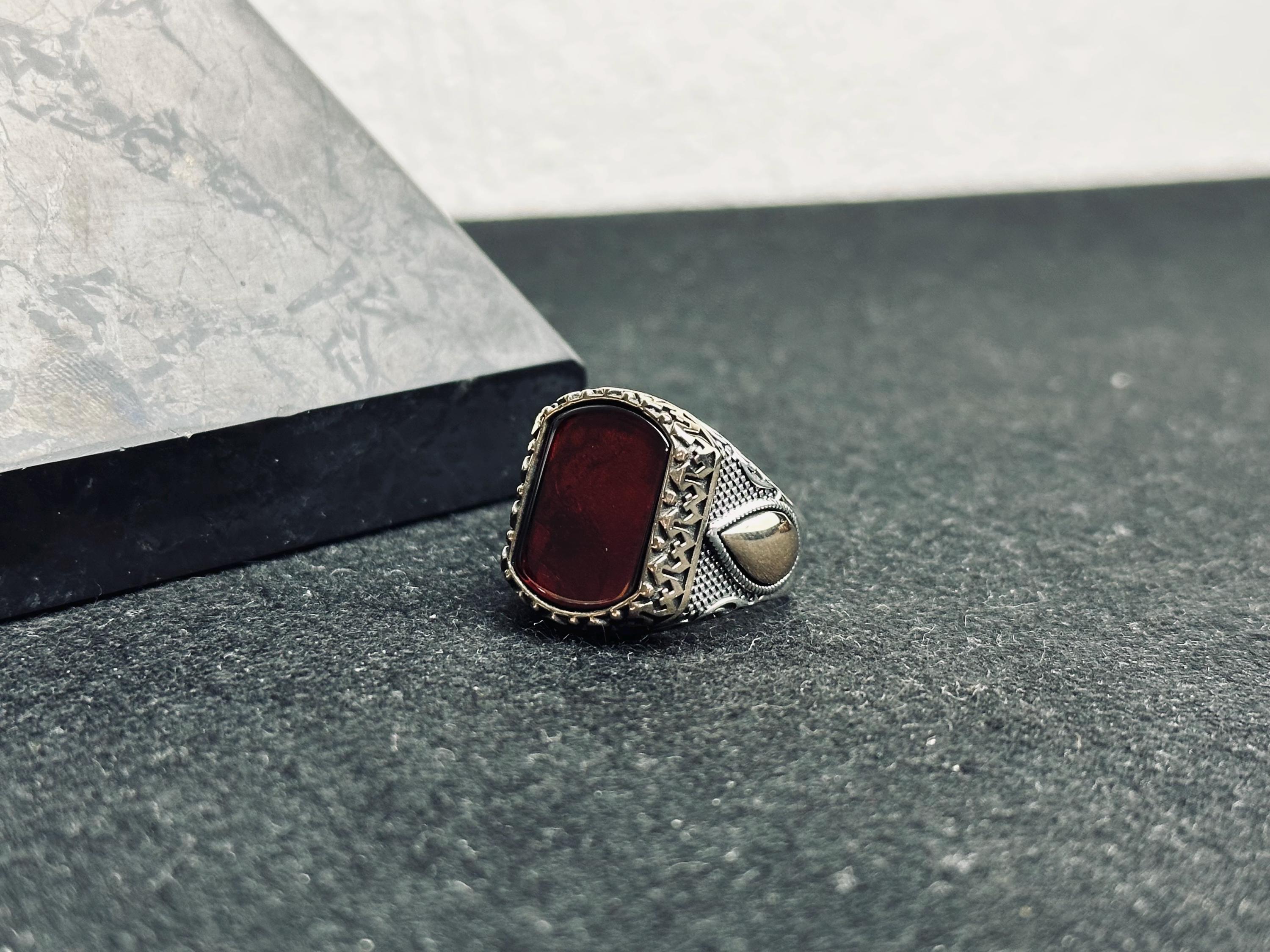 Men’s Baltic Amber Ring: Square Red Gem - Handmade Sterling Silver