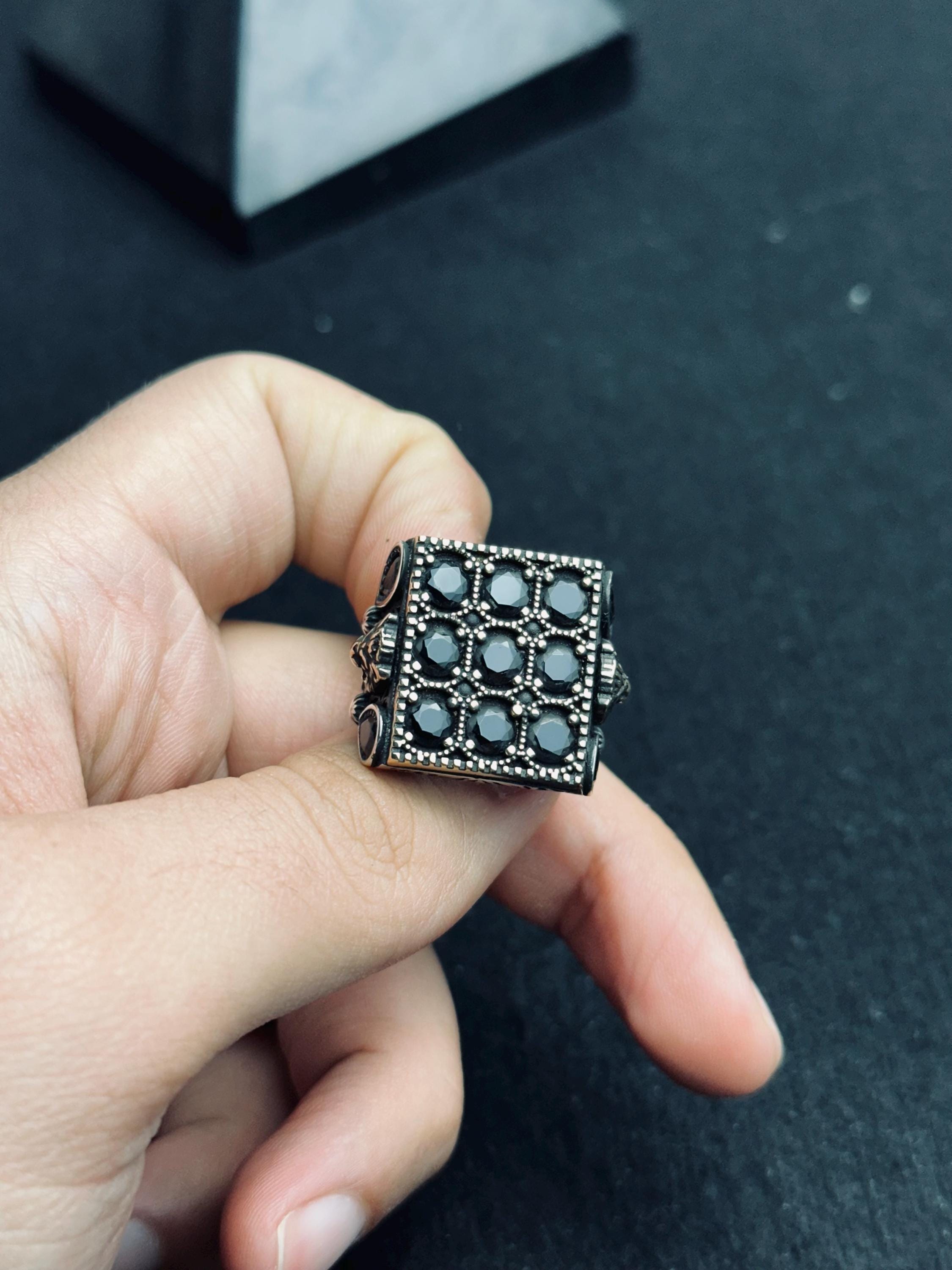 Men’s Silver Ring: Black Zircon Stones - Handmade Turkish Jewelry