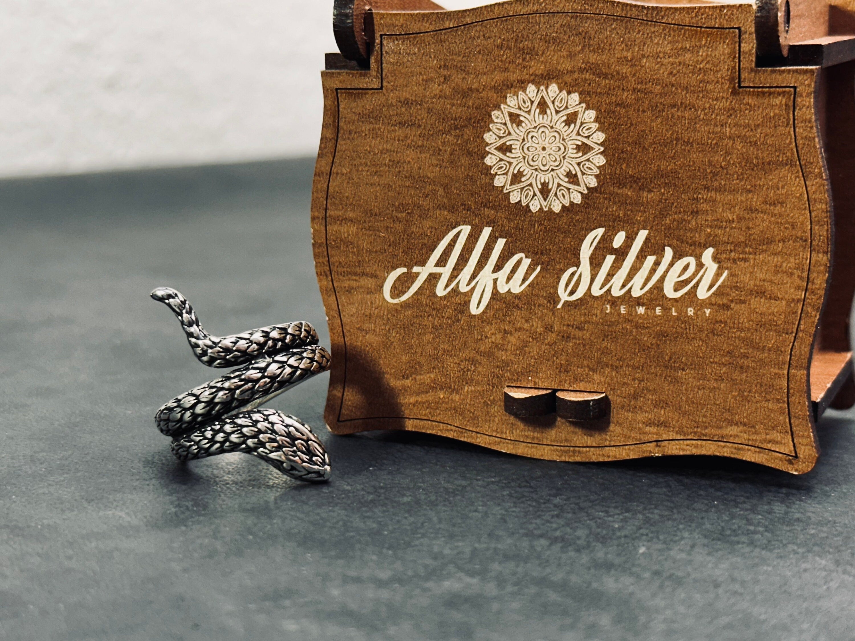 Sterling Silver Snake Ring, Oxidized Finish (Adjustable, Handmade)