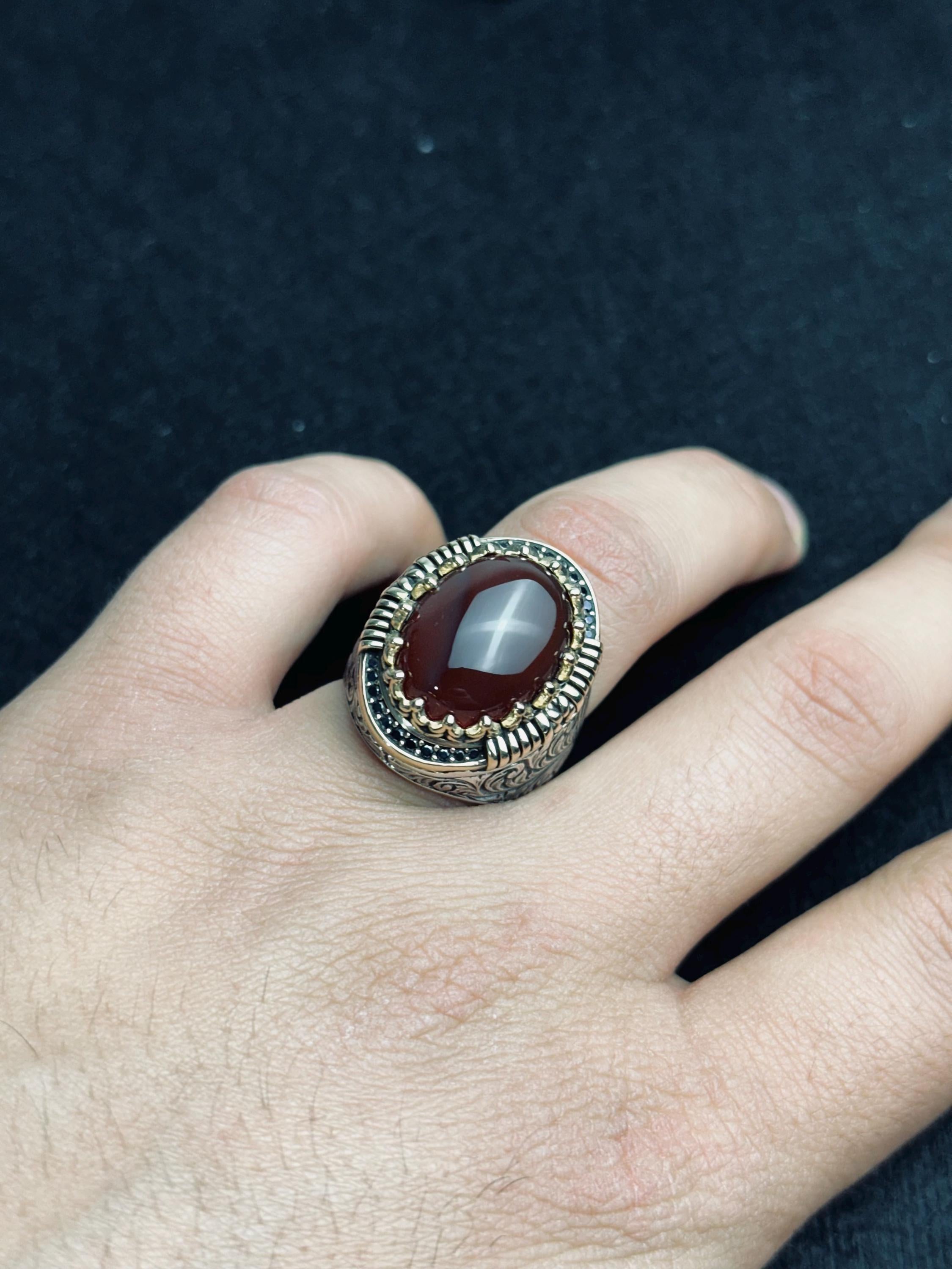 Red Aqeeq Ring for Men: Oval Agate Stone, Sterling Silver