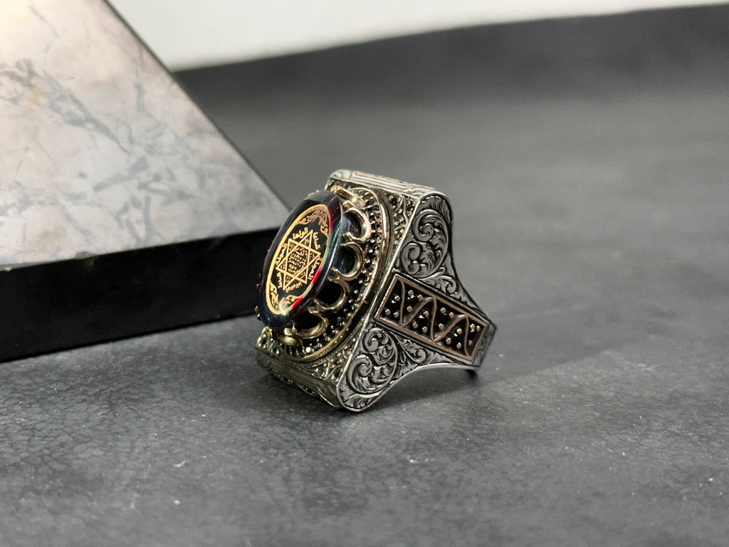 Solomon Seal Ring - Sterling Silver Amber Stone for Men
