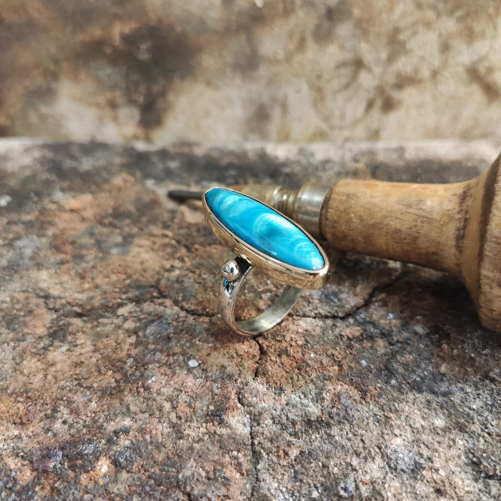 Blue Mother of Pearl Ring: Handmade Sterling Silver Statement