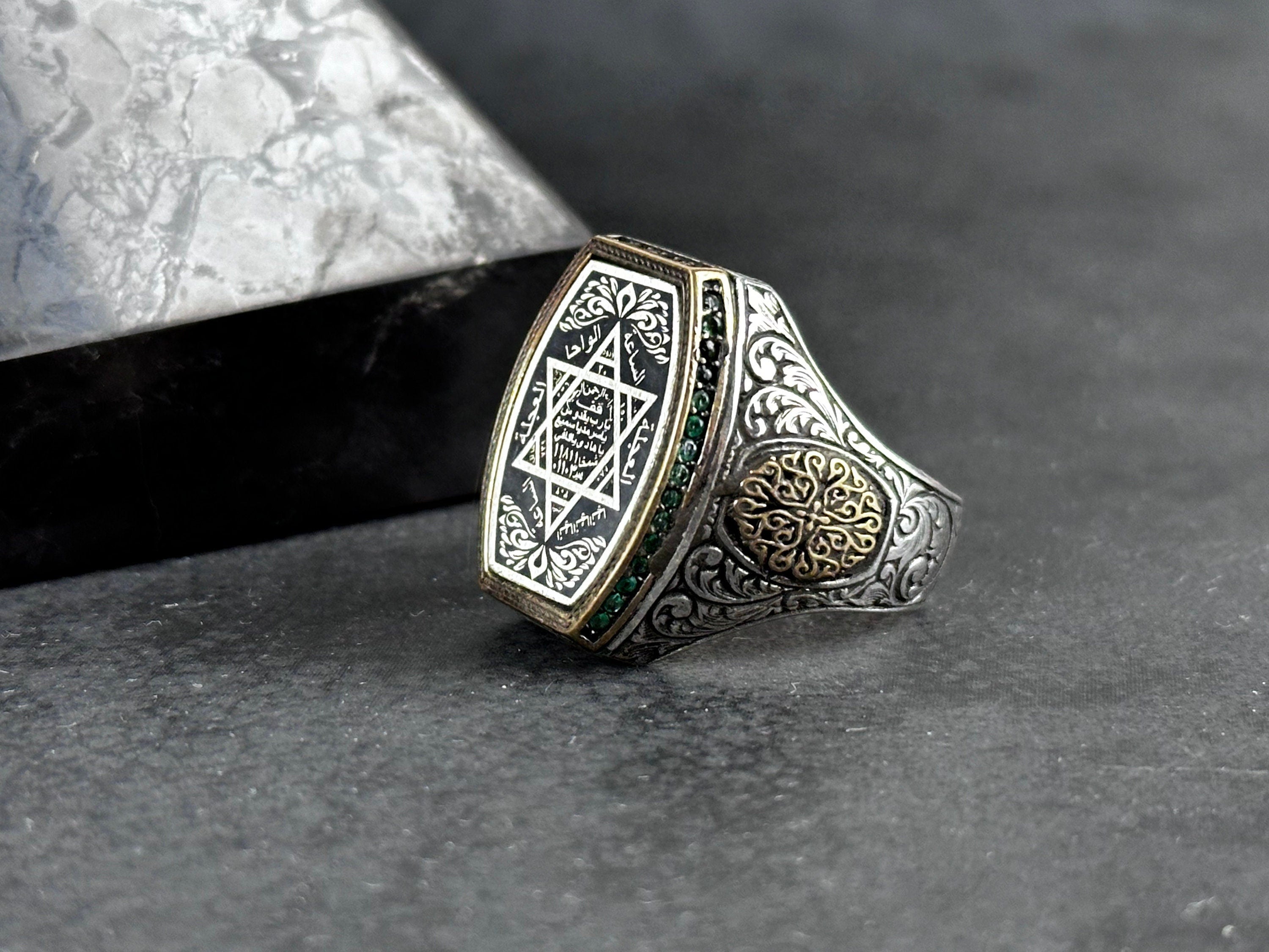 Sterling Silver Seal of Solomon Ring: Green Zircon Spiritual Design
